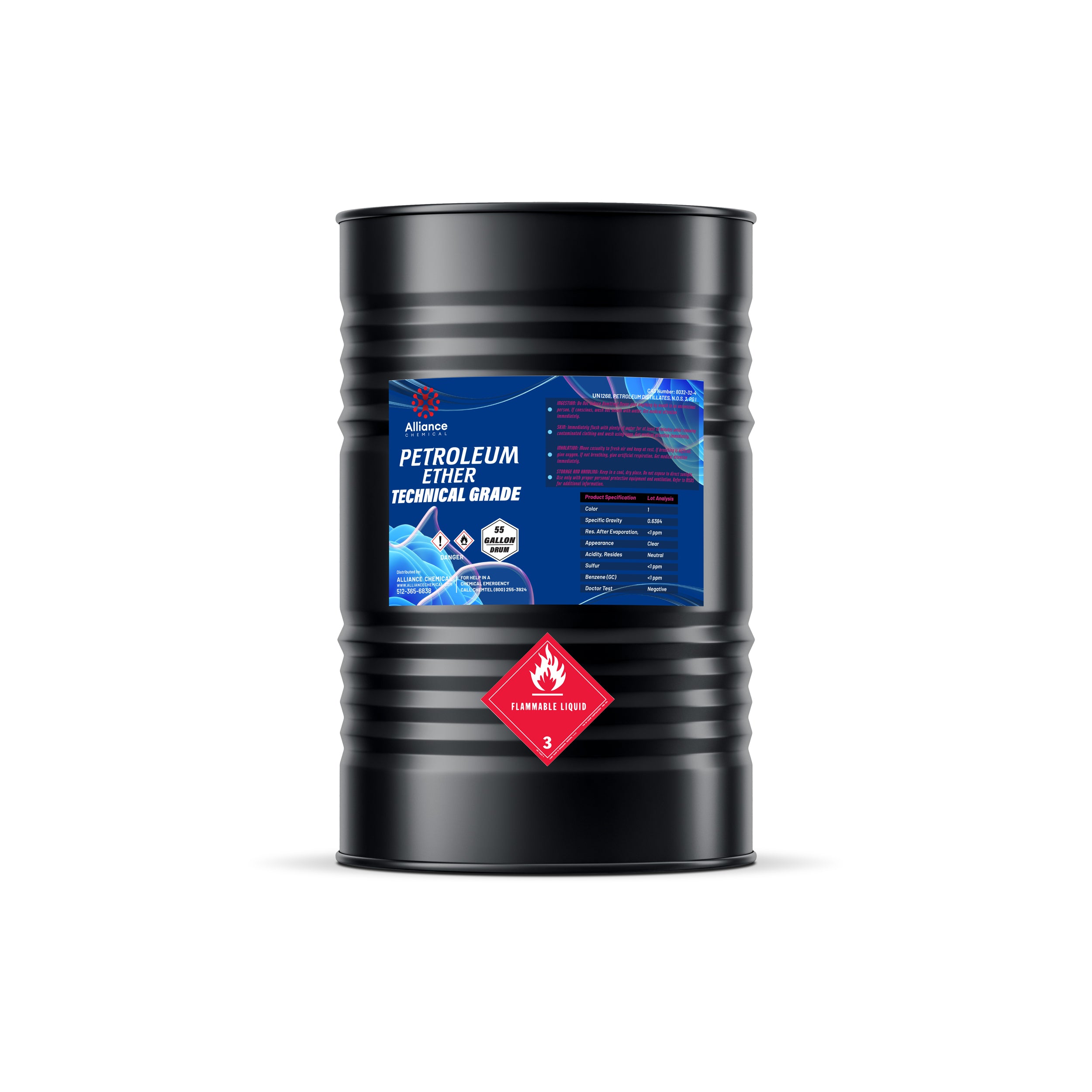 55-gallon black drum of technical-grade petroleum ether with Alliance Chemical blue label, Class 3 flammable liquid warning diamond, industrial solvent.