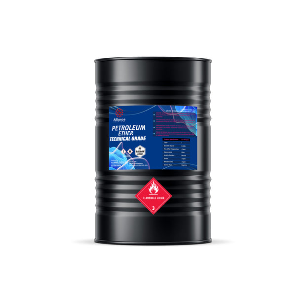 55-gallon black drum of technical-grade petroleum ether with Alliance Chemical blue label, industrial solvent