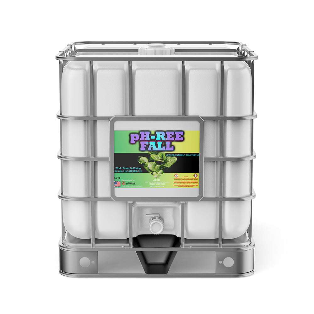 275-gallon IBC tote of pH-REE Fall pH buffering solution, white container with metal cage frame, chemical warning labels, bottom discharge valve.