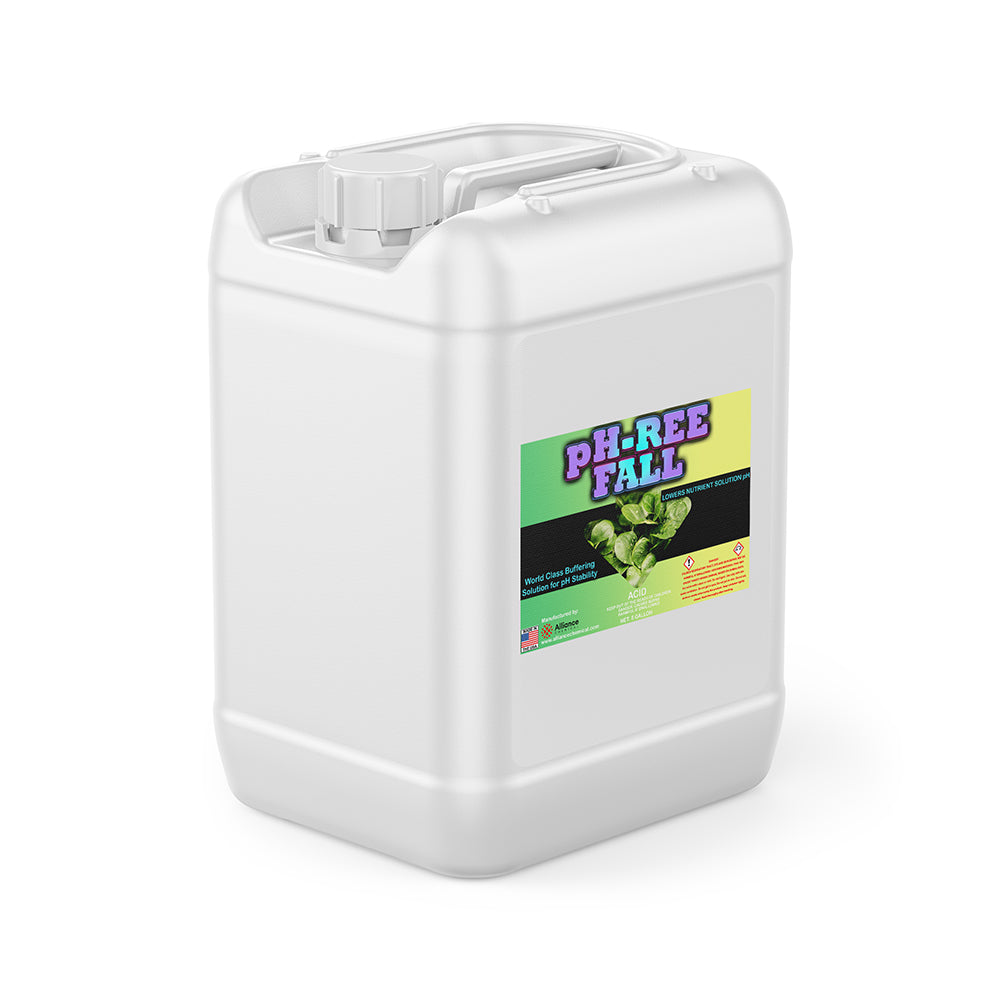 5-gallon white HDPE container of pH-REE Fall buffering solution, industrial pH stabilizer with phosphoric acid base, gradient label design.