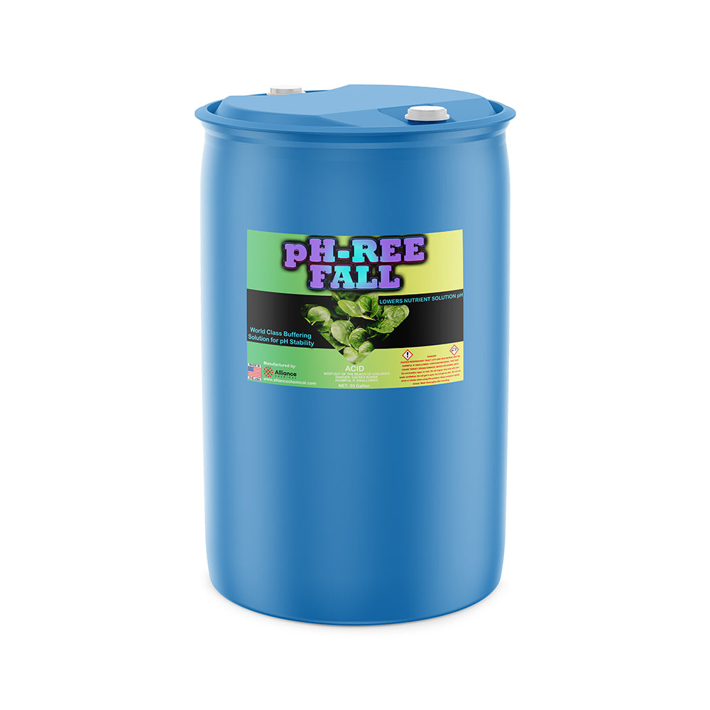55-gallon blue HDPE drum of PH-REE FALL pH buffering solution with hazard warning symbols, phosphoric acid-based nutrient stabilizer.