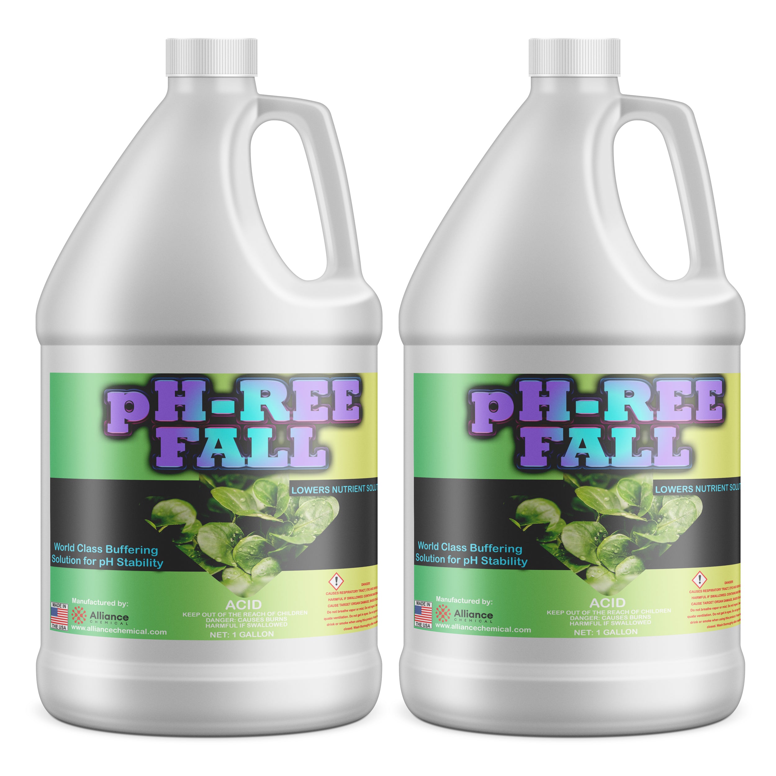 2-gallon white HDPE jugs of pH-REE Fall buffering solution, industrial pH stabilizer with hazard warning label, made by Alliance Chemical USA.