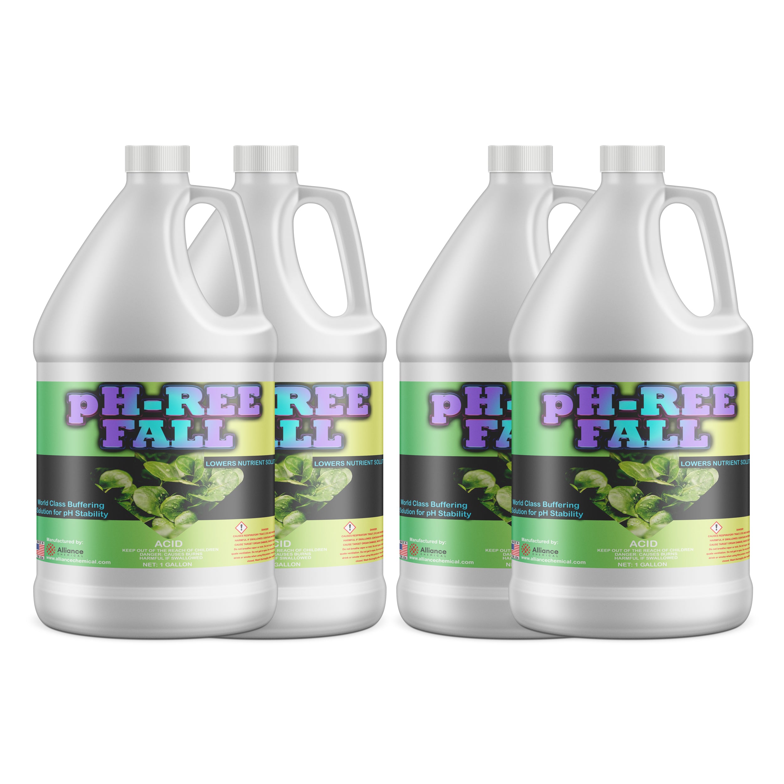 4x1-gallon pH-REE FALL phosphoric acid buffering solution in white HDPE jugs with green labels, hazard symbols, pH stability formula for industrial use.