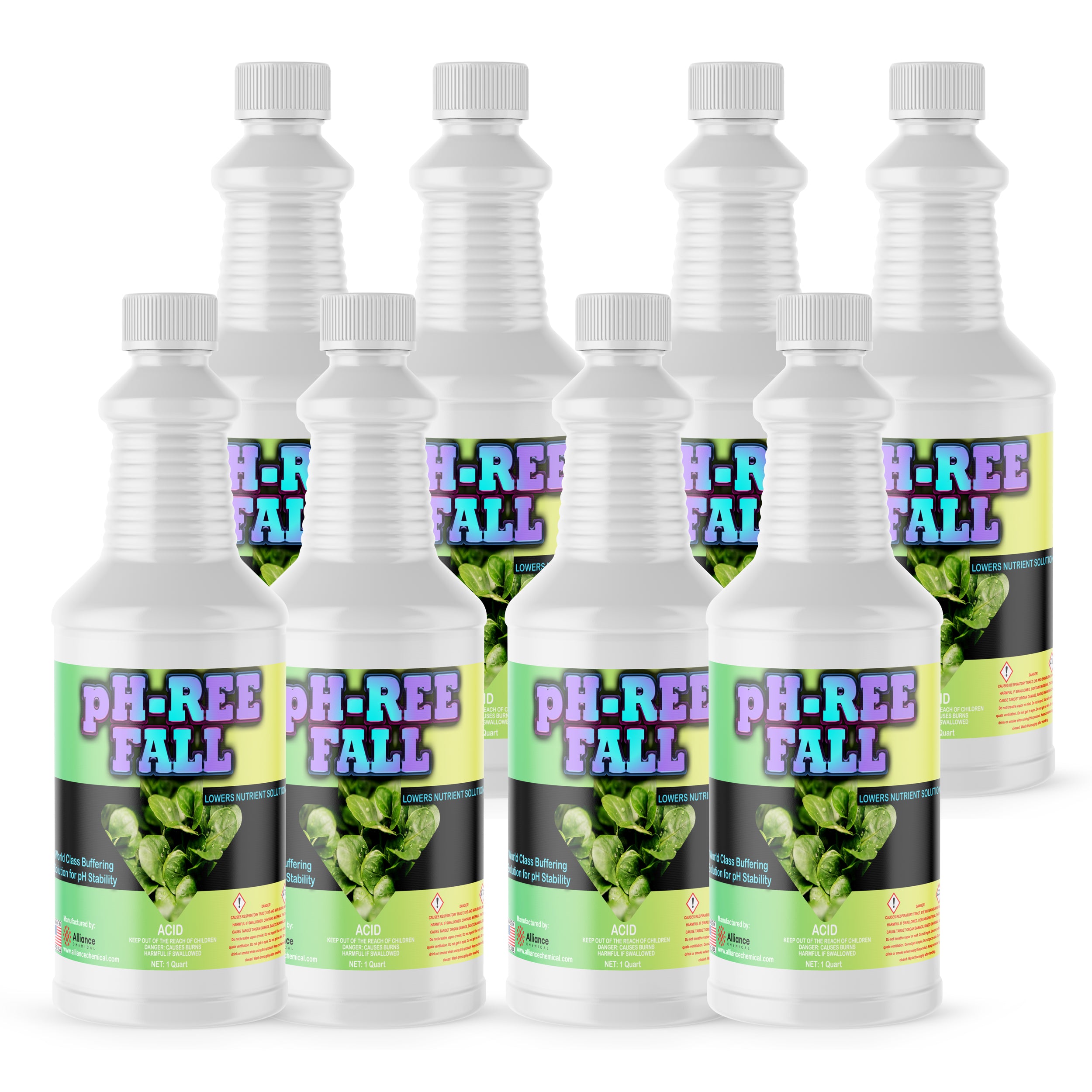 8x1-quart pH-REE Fall phosphoric acid buffering solution in white HDPE bottles with green labels, hazard symbols, world-class pH stability formula.