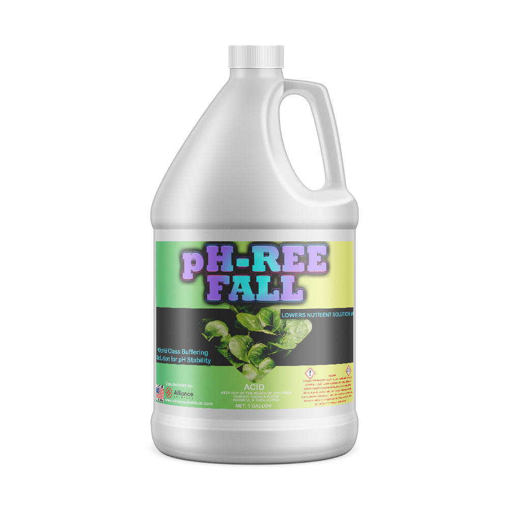 One-gallon pH-REE Fall buffering solution in white HDPE jug - professional pH stability treatment with acid warning label and leaf graphic.