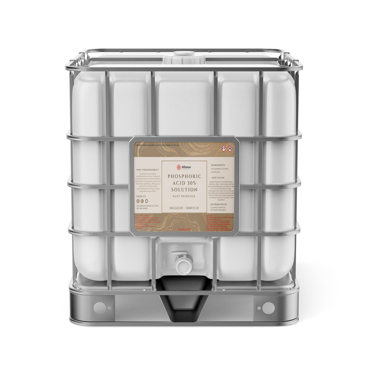 Alliance Chemical 330-gallon tote of Phosphoric Acid 30% with a metal cage and a white spigot.