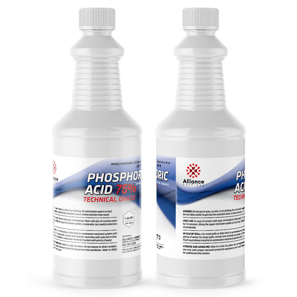 1-quart bottles of 75% Technical Grade Phosphoric Acid in white HDPE containers with safety warnings and Alliance Chemical branding.