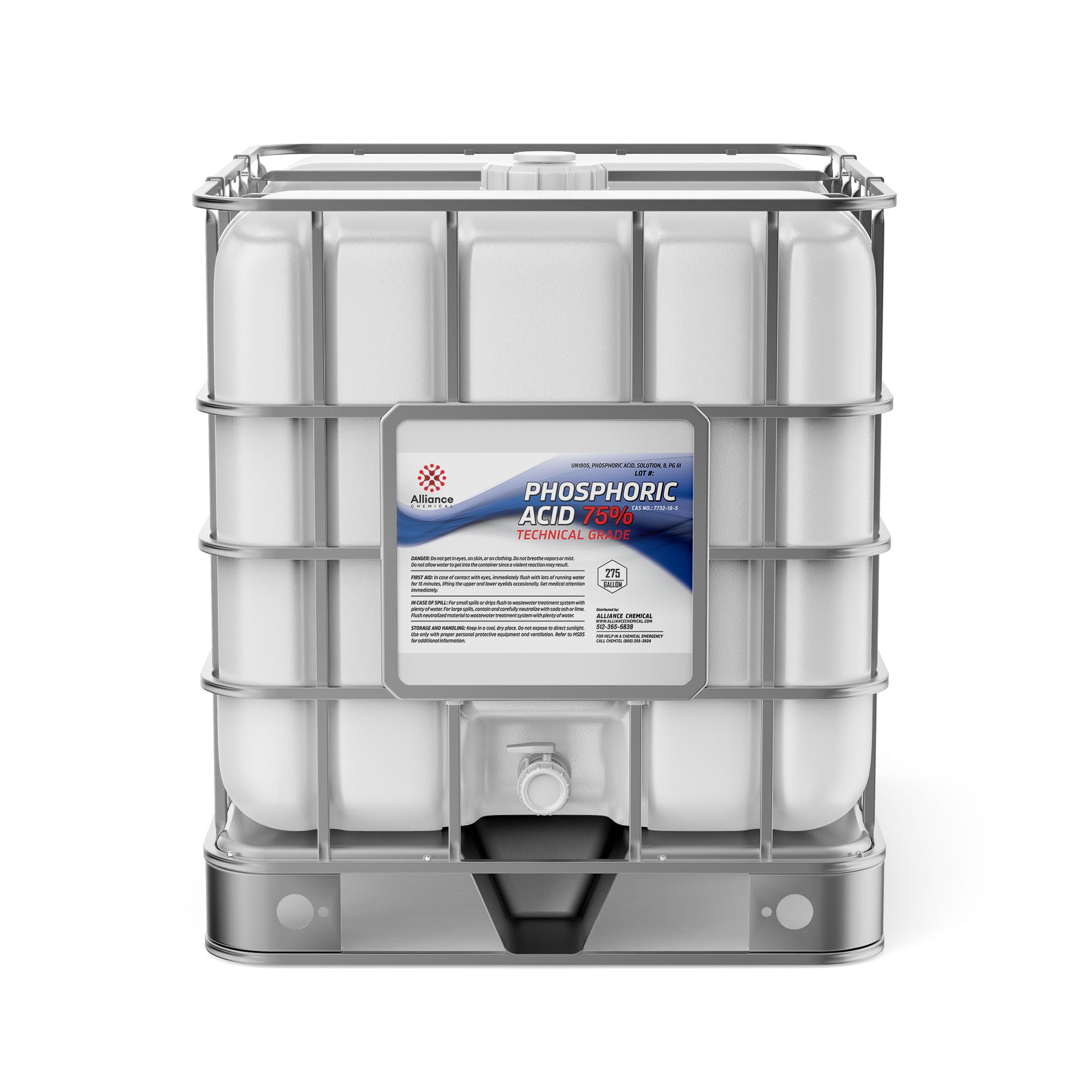 275-gallon IBC tote of 75% technical-grade phosphoric acid in white HDPE container with metal cage frame, Alliance Chemical label, and bottom discharge valve.