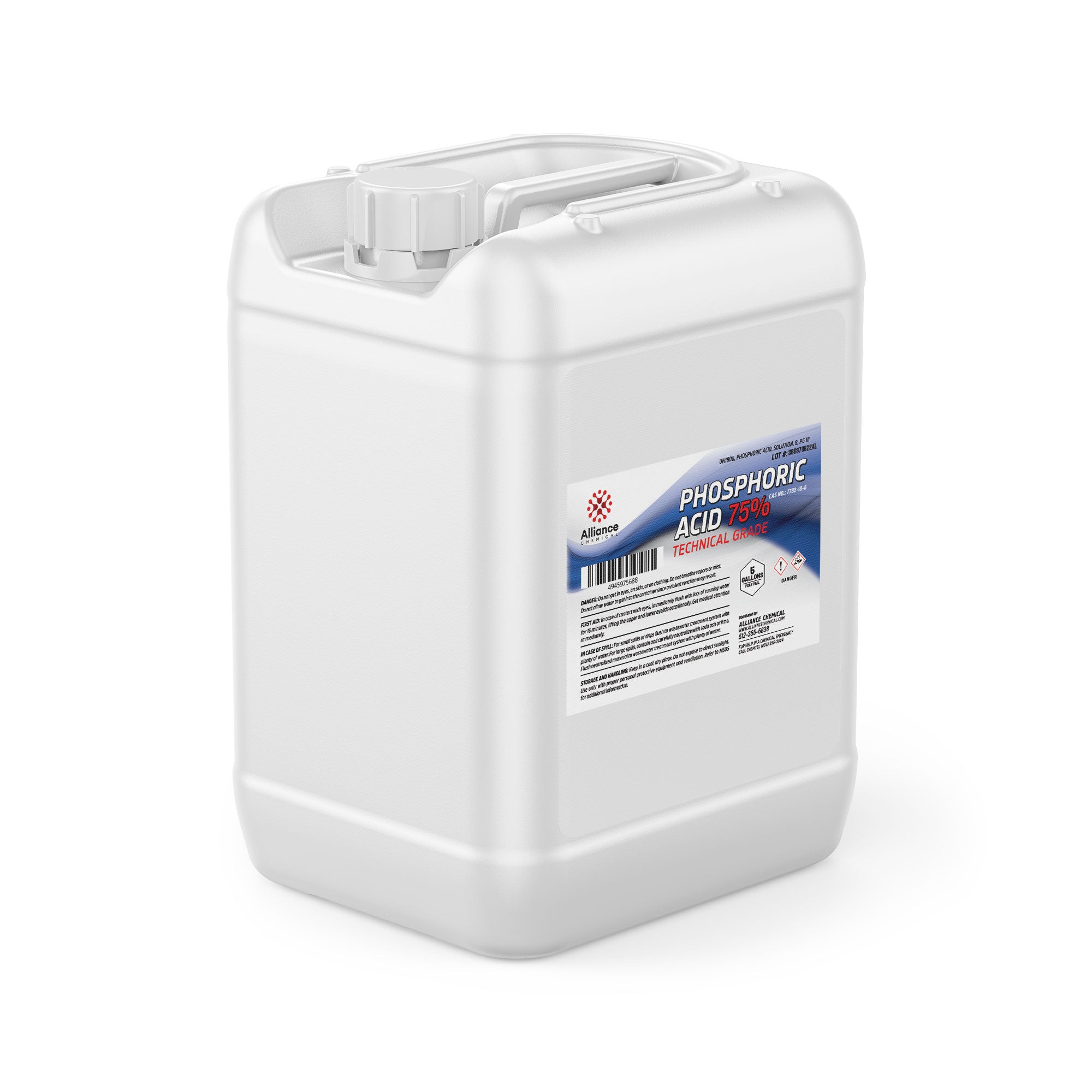 5-gallon white HDPE container of 75% technical-grade phosphoric acid with Alliance Chemical label, hazard symbols, and secure screw cap.
