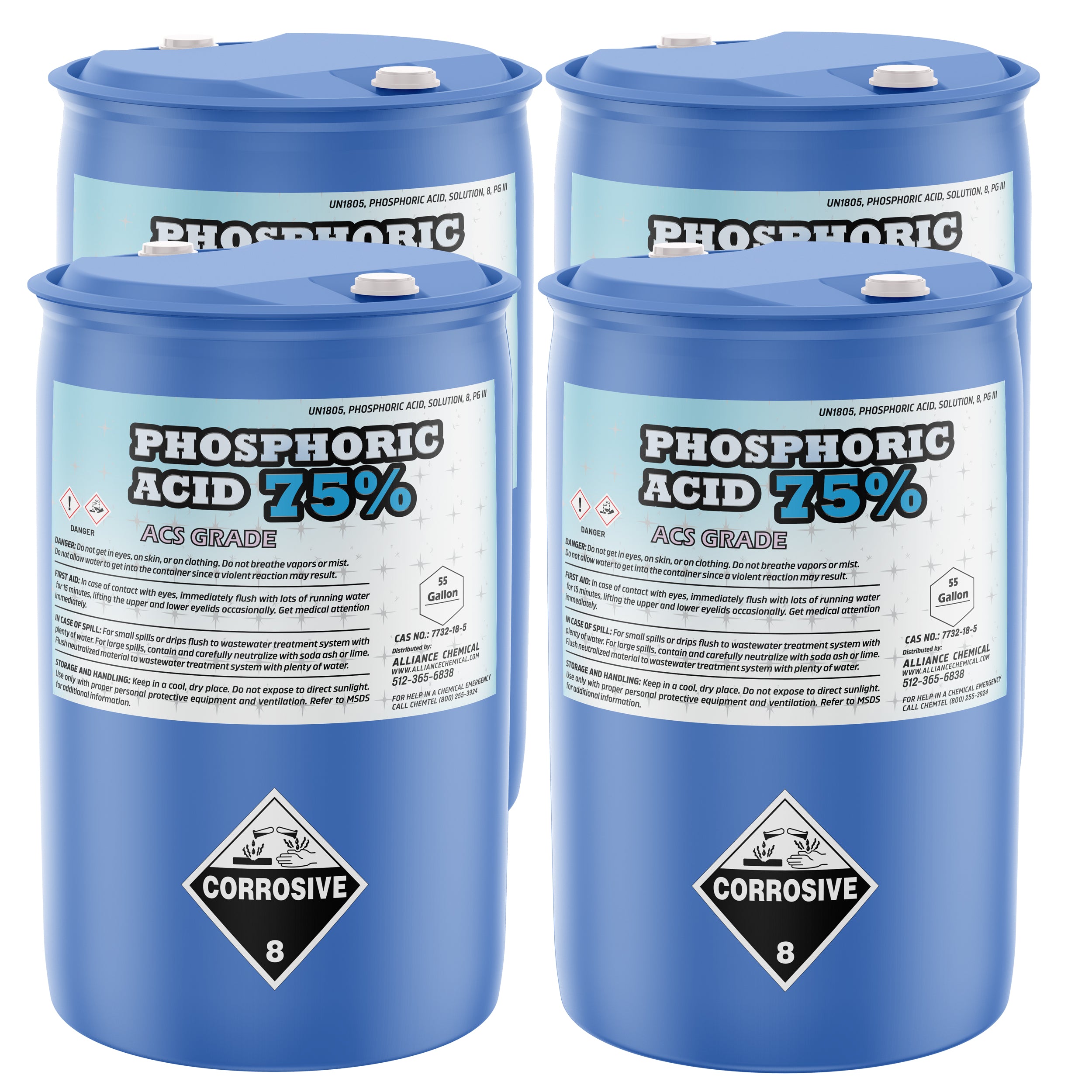 55-gallon blue drums of 75% Phosphoric Acid ACS Grade with corrosive warning labels, UN1805 designation, and white safety caps. Four industrial containers shown.