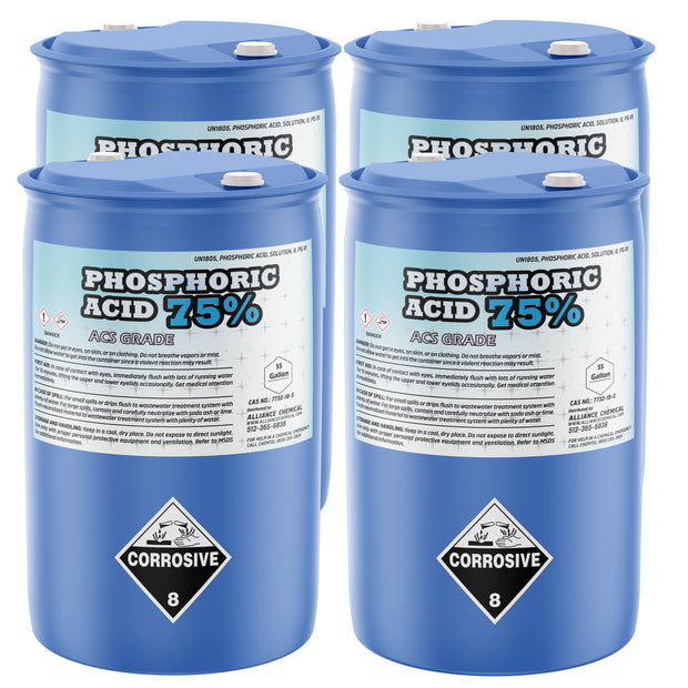 Four Alliance Chemical 55-gallon plastic drums of Phosphoric Acid 75% ACS Grade with labels and white caps
