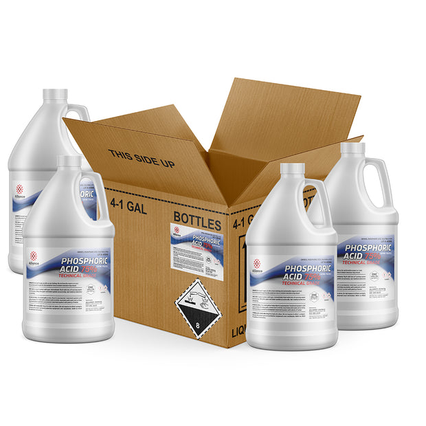 Four 1-gallon HDPE jugs of Alliance Chemical Phosphoric Acid 75% with white caps and product labels, in cardboard box.