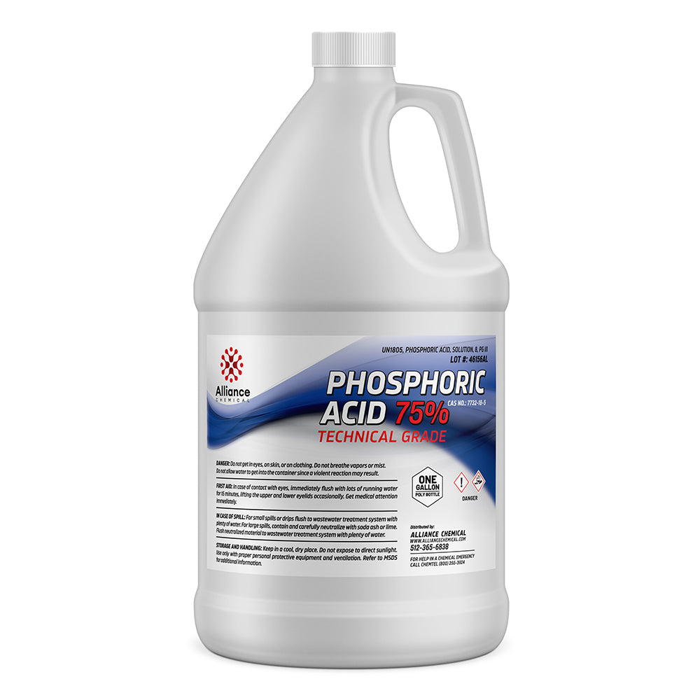 One-gallon HDPE container of 75% technical-grade phosphoric acid by Alliance Chemical, featuring blue gradient label, hazard symbols and safety warnings.