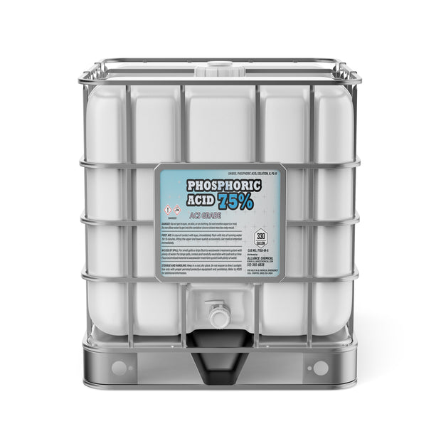 One 330-gallon plastic tote of Alliance Chemical Phosphoric Acid 75 ACS Grade with a steel cage and label.