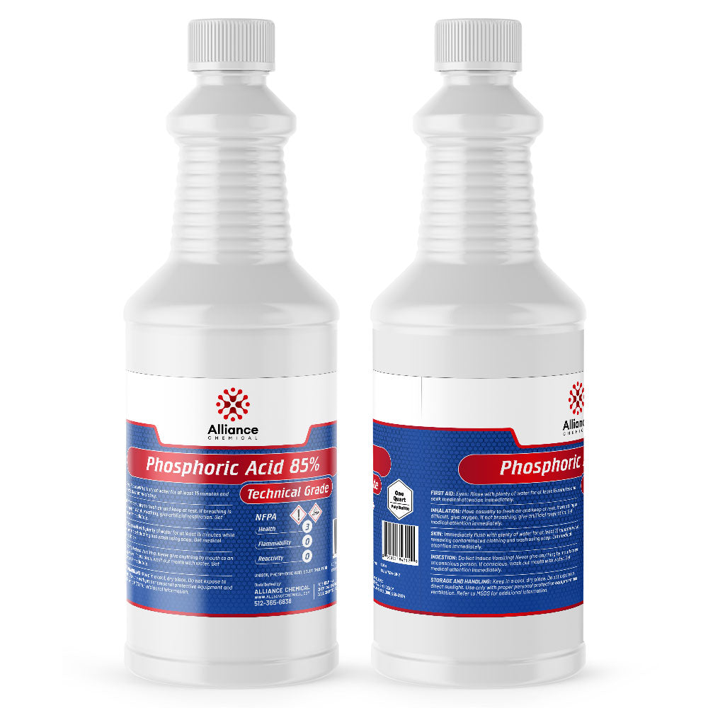 2-quart phosphoric acid 85% technical grade in HDPE bottles with NFPA diamond, Alliance Chemical branding for corrosive