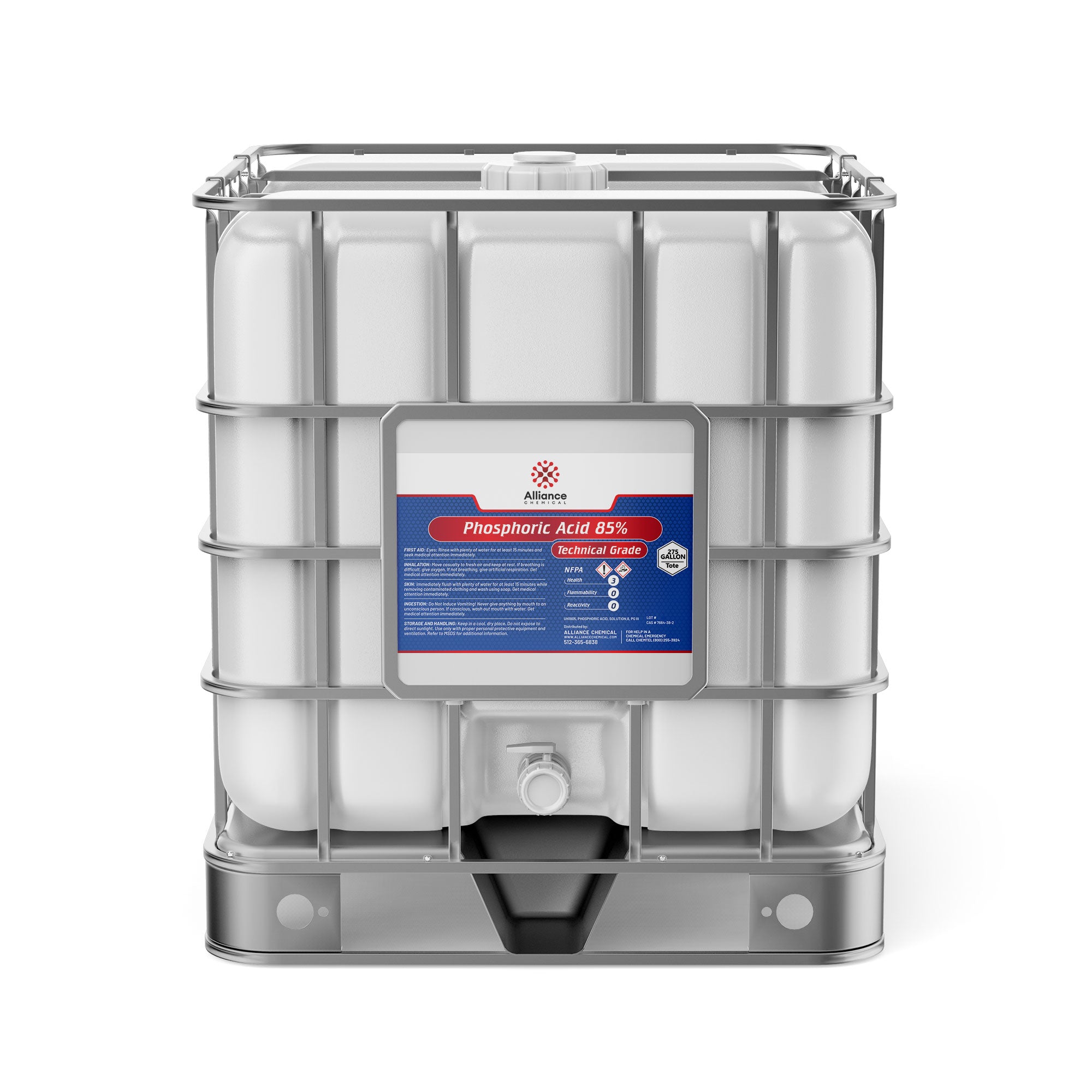 275-gallon IBC tote of Phosphoric Acid 85% Technical Grade with NFPA diamond, metal cage framework, discharge valve, and Alliance Chemical labeling.