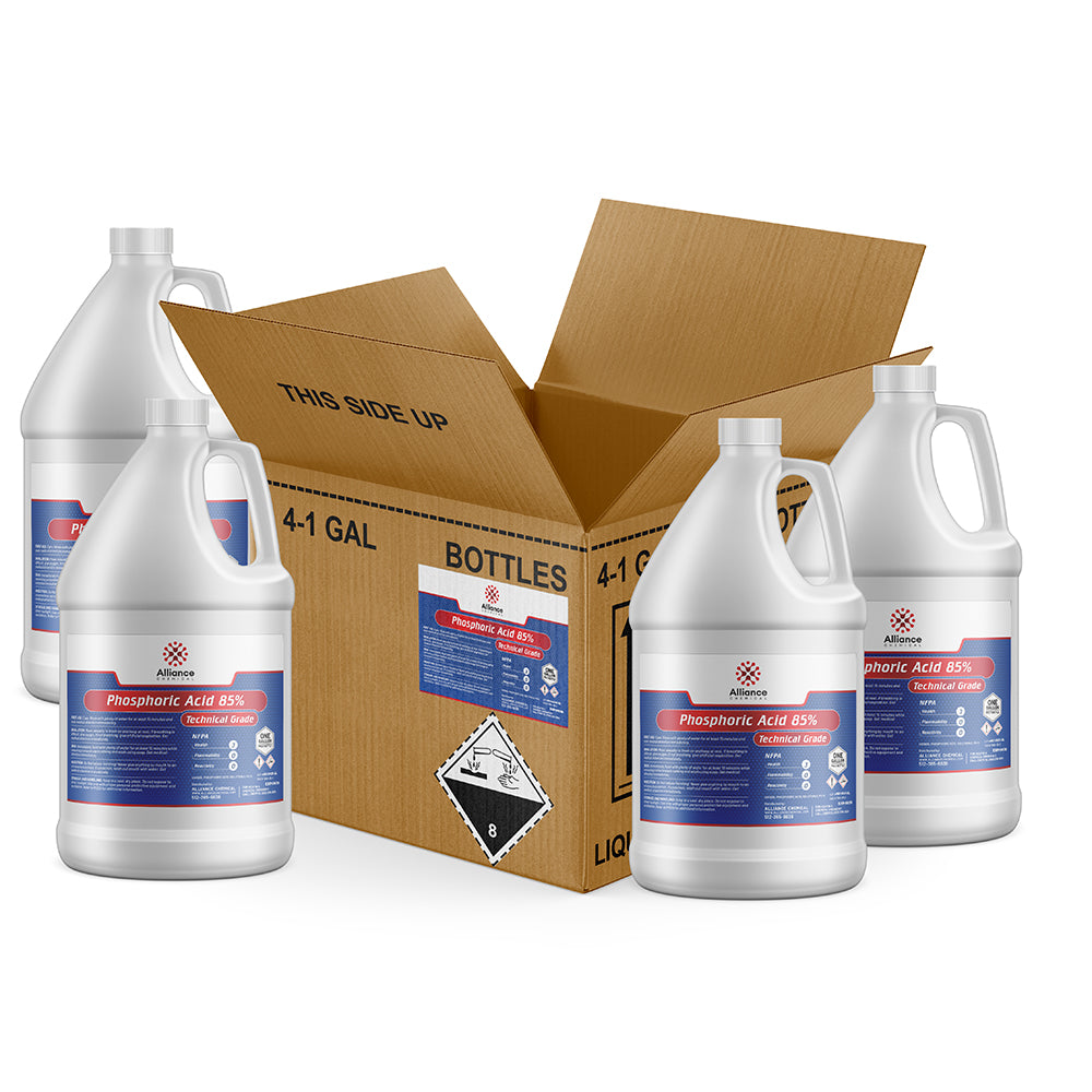 4x1-gallon jugs of Phosphoric Acid 85% Technical Grade with corrosive Class 8 warning label, white HDPE containers, cardboard shipping box.