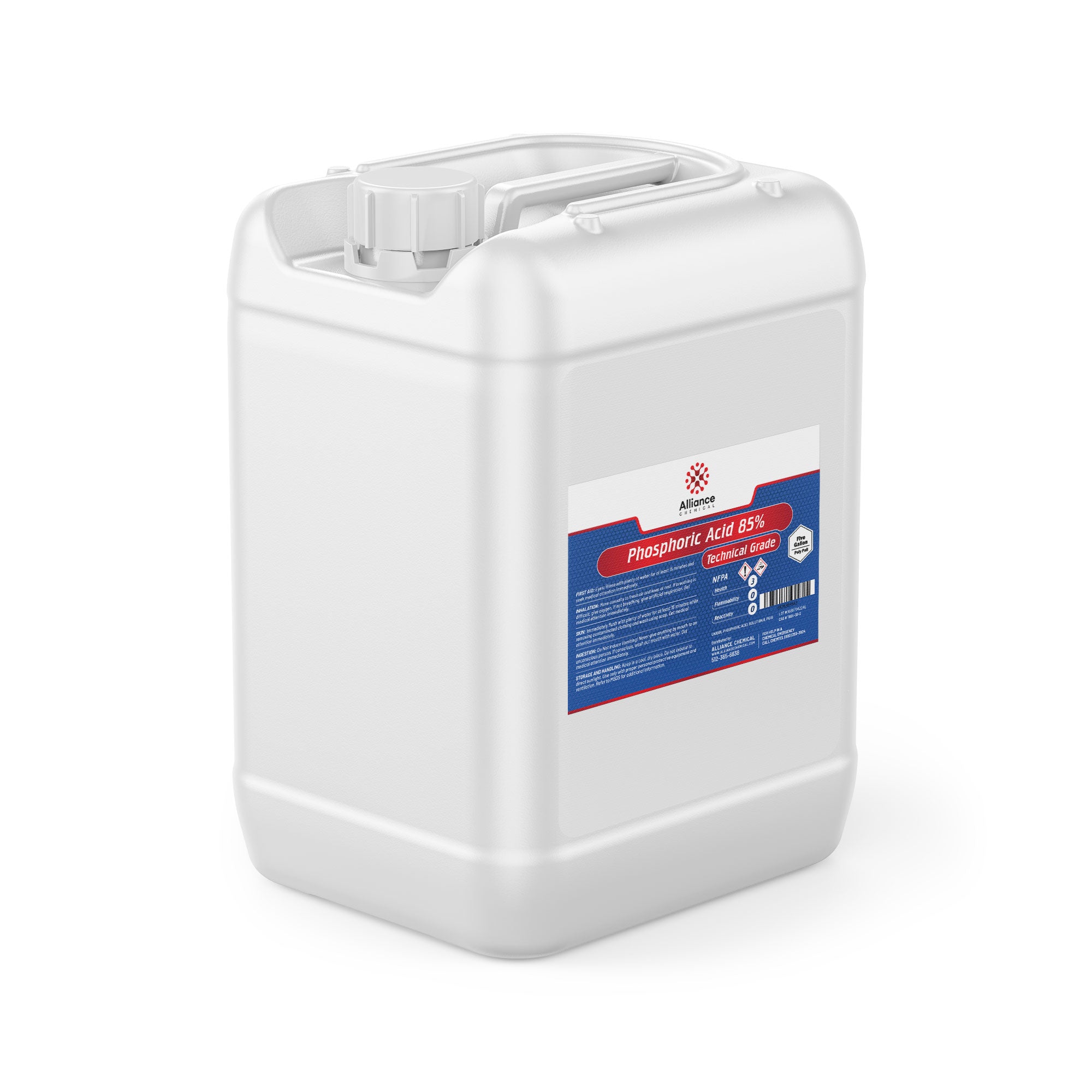 5-gallon white HDPE container of Phosphoric Acid 85% Technical Grade with blue-red Alliance Chemical label and UN hazard warning symbols.