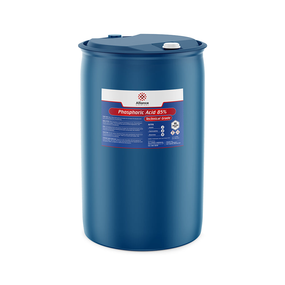 55-gallon blue HDPE drum of Alliance Chemical 85% Phosphoric Acid Technical Grade with hazard warning symbols and secure lid closure system.