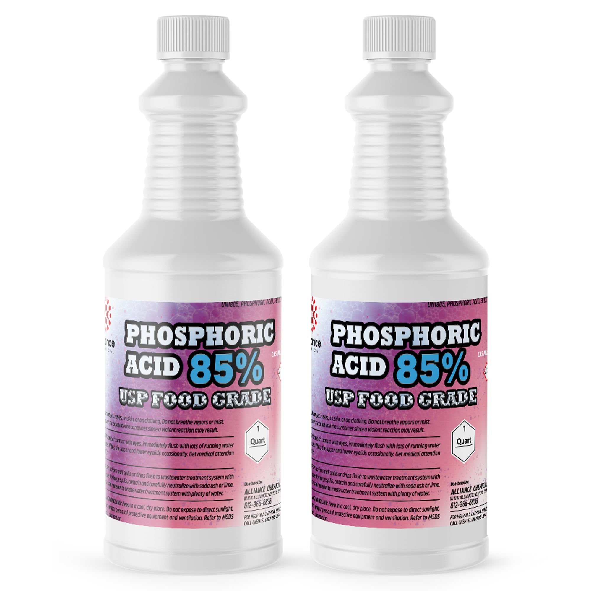 1-quart bottles of 85% USP Food Grade Phosphoric Acid in white HDPE containers, Class 1 hazard label, with safety warnings and usage instructions.