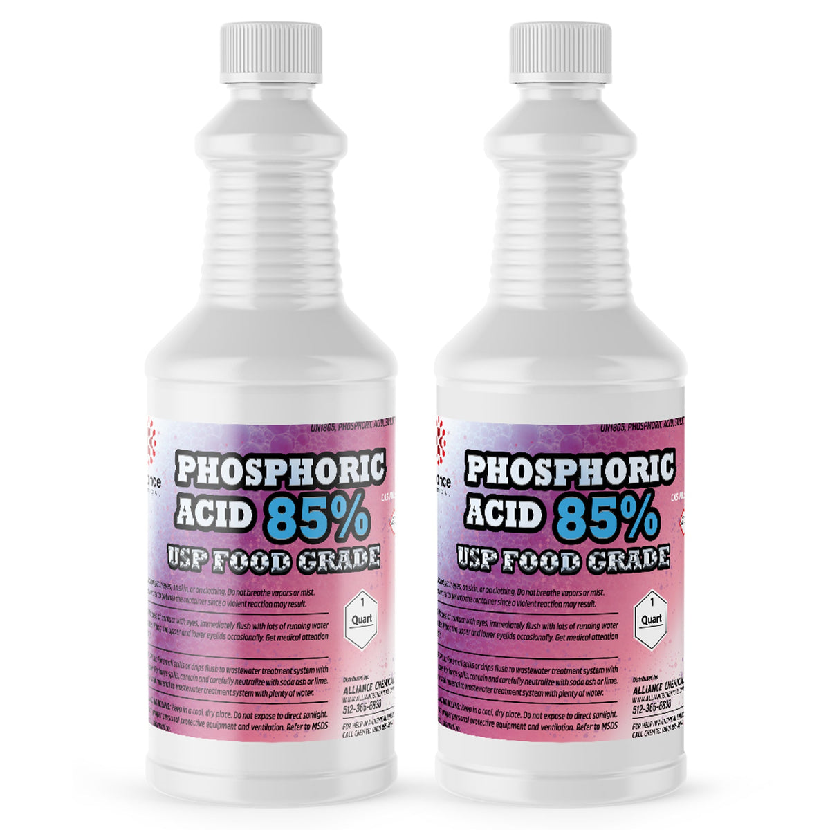 Two 1-quart plastic bottles of Alliance Chemical Phosphoric Acid 85% Food Grade with white caps and product labels.