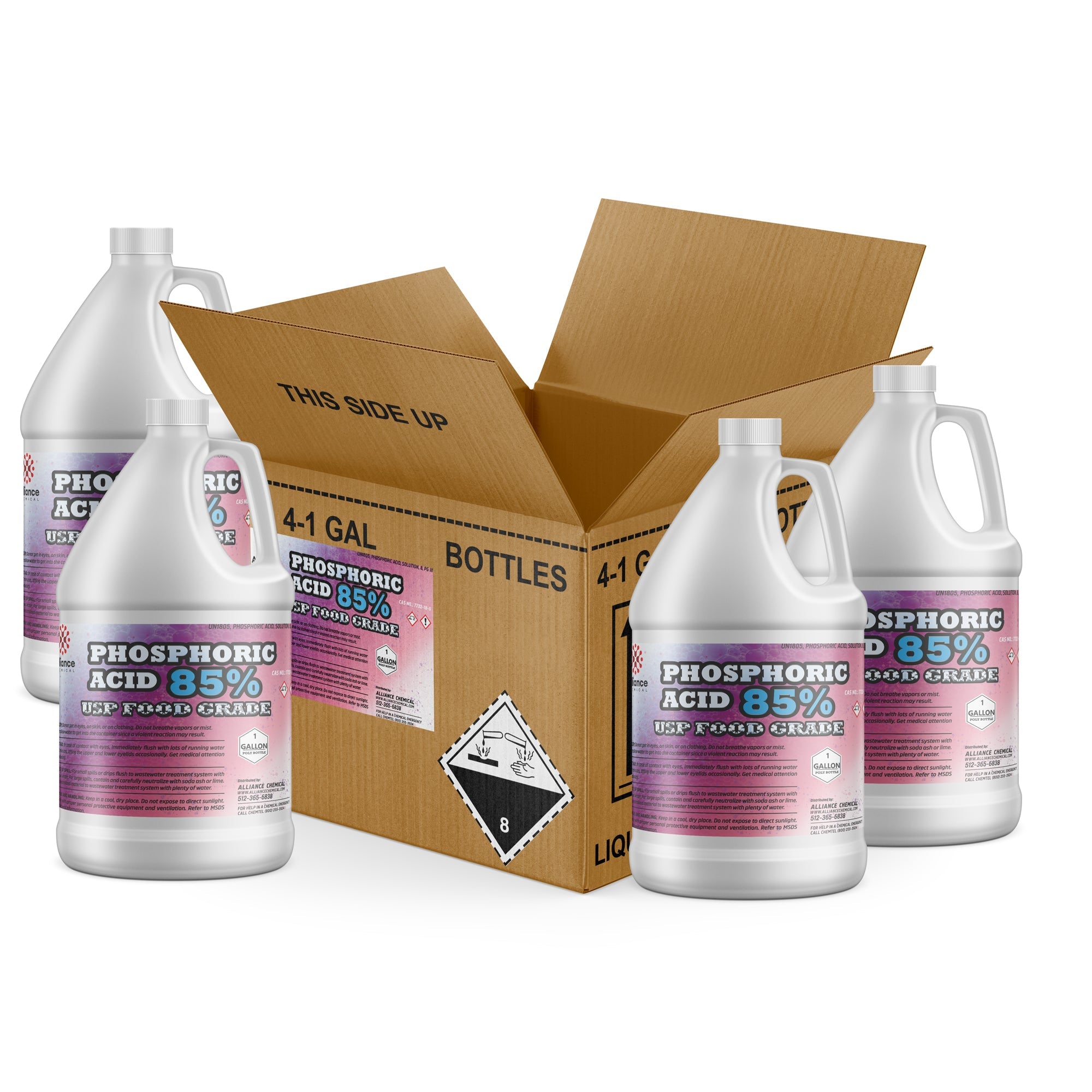 4x1-gallon HDPE jugs of 85% USP Food Grade Phosphoric Acid with UN Class 8 corrosive warning symbol, packaged in brown shipping box.