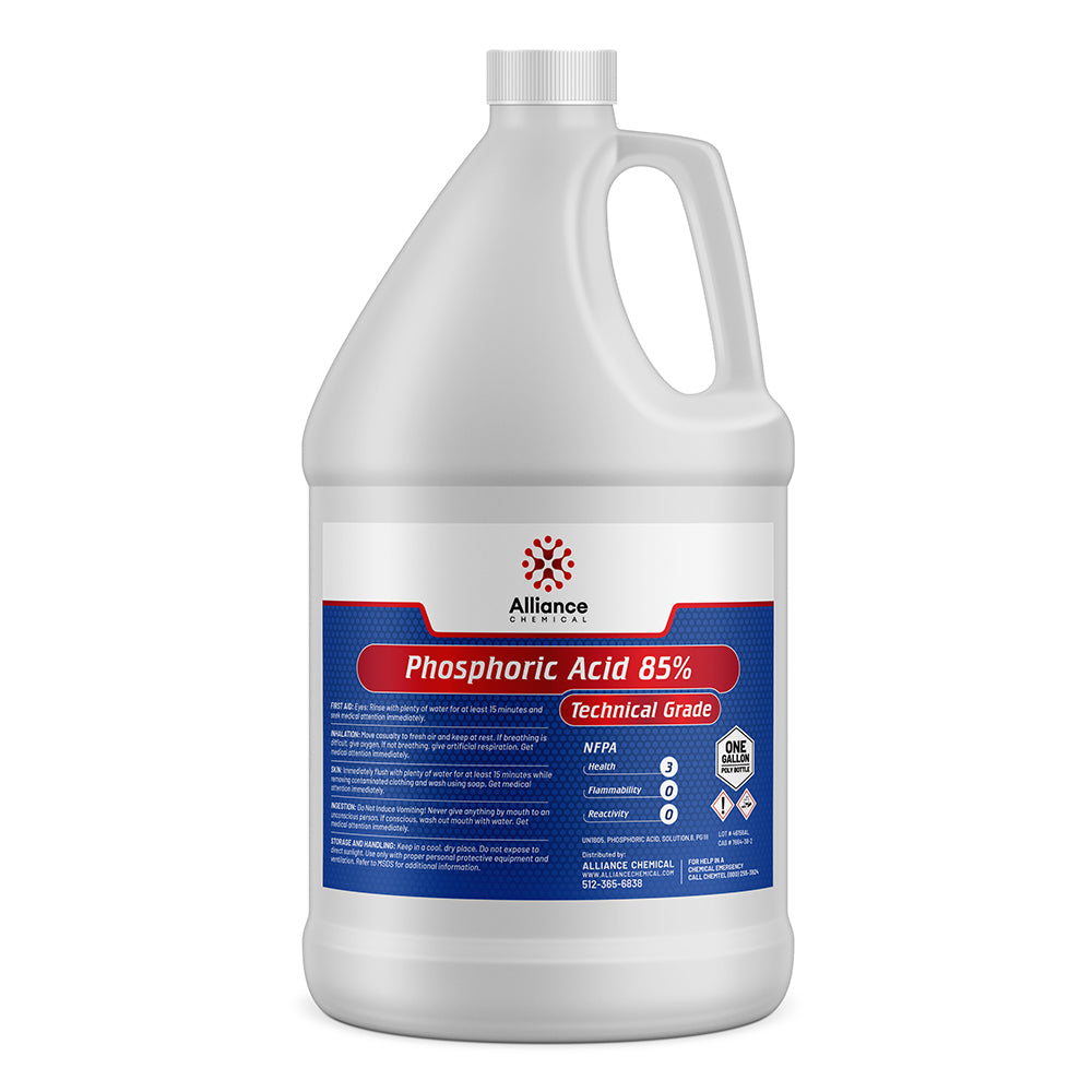 One-gallon HDPE jug of Alliance Chemical 85% Phosphoric Acid technical grade with NFPA diamond safety labeling and blue-red industrial design.