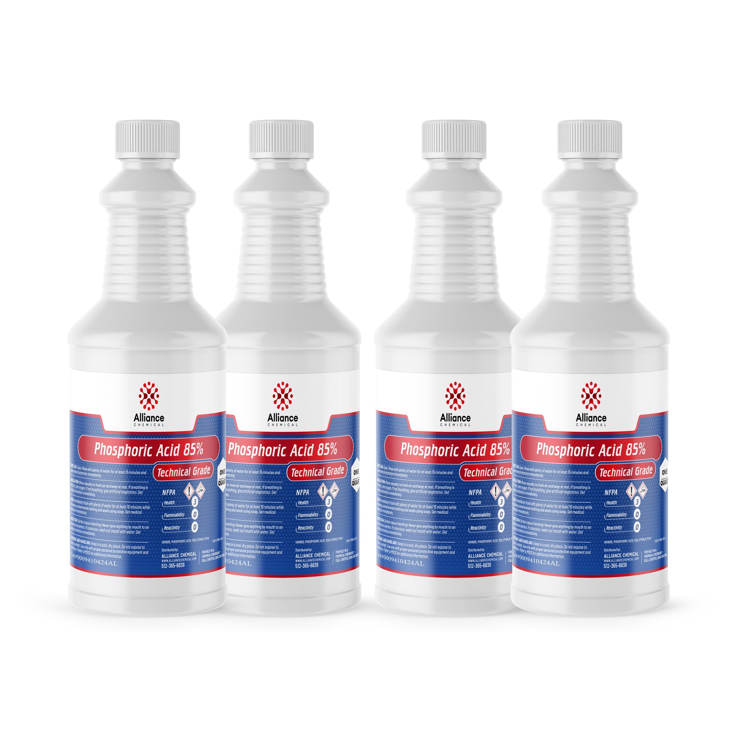 4x1-quart bottles of Phosphoric Acid 85% Technical Grade in white HDPE containers with NFPA hazard diamonds, Alliance Chemical branded labels.
