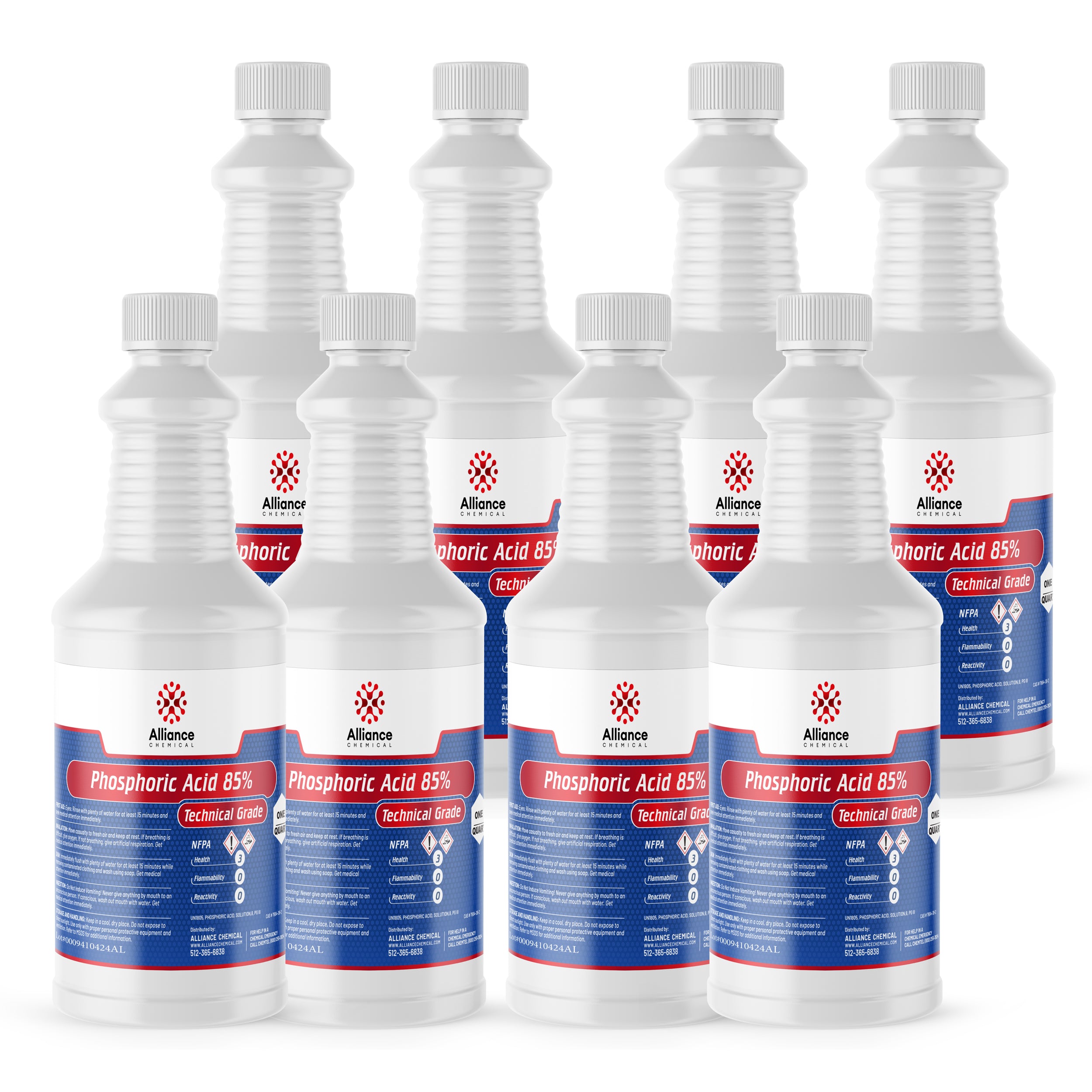 8x1 quart Phosphoric Acid 85% Technical Grade in white HDPE bottles with red/blue Alliance Chemical labels, NFPA hazard diamonds, safety warnings.