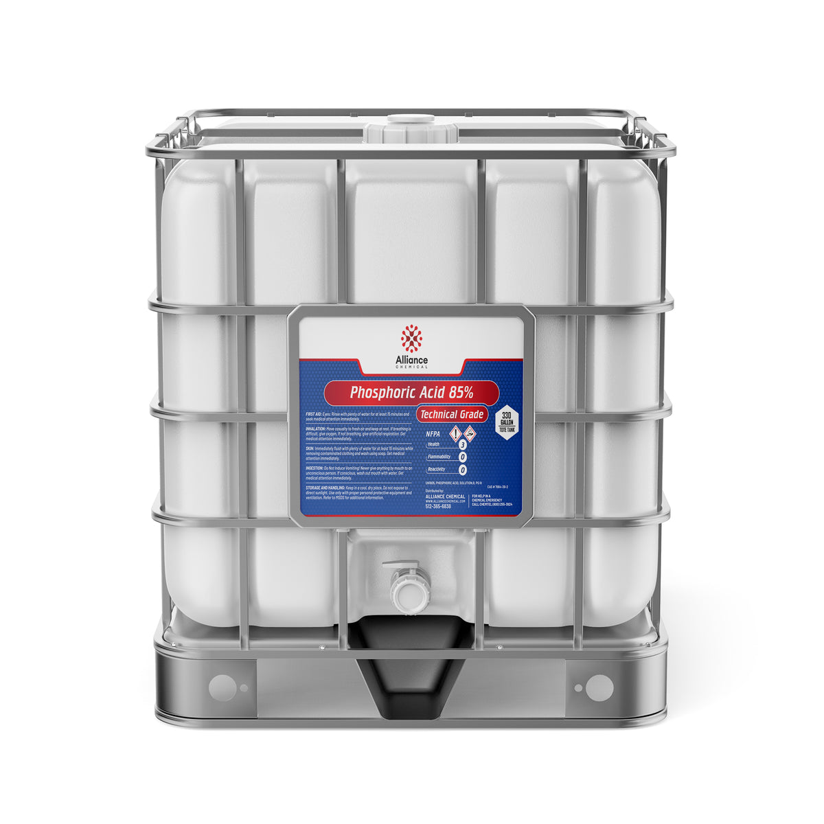 One 330-gallon plastic tote of Alliance Chemical Phosphoric Acid 85% Technical Grade with a steel cage and a spigot.