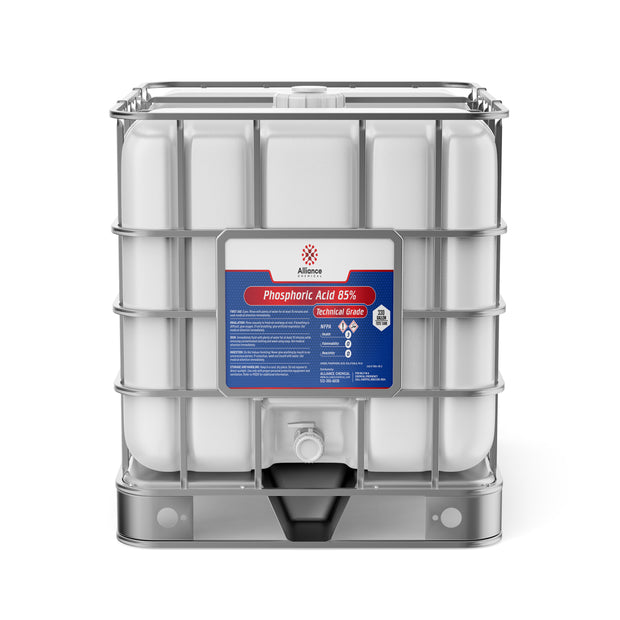 One 330-gallon plastic tote of Alliance Chemical Phosphoric Acid 85% Technical Grade with a steel cage and a spigot.