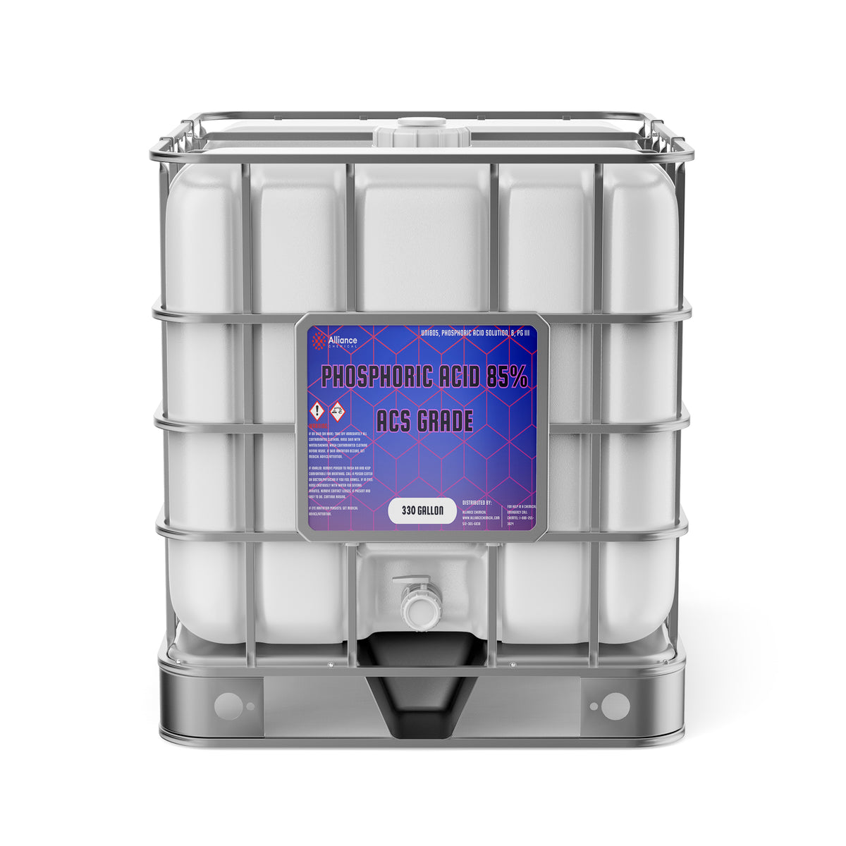 Alliance Chemical 330-gallon plastic tote of Phosphoric Acid 85% ACS Grade with a steel cage and a spigot.