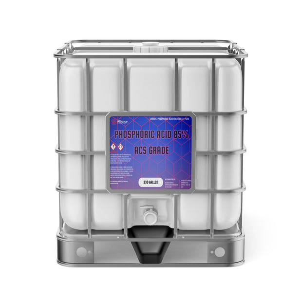 Alliance Chemical 330-gallon plastic tote of Phosphoric Acid 85% ACS Grade with a steel cage and a spigot.