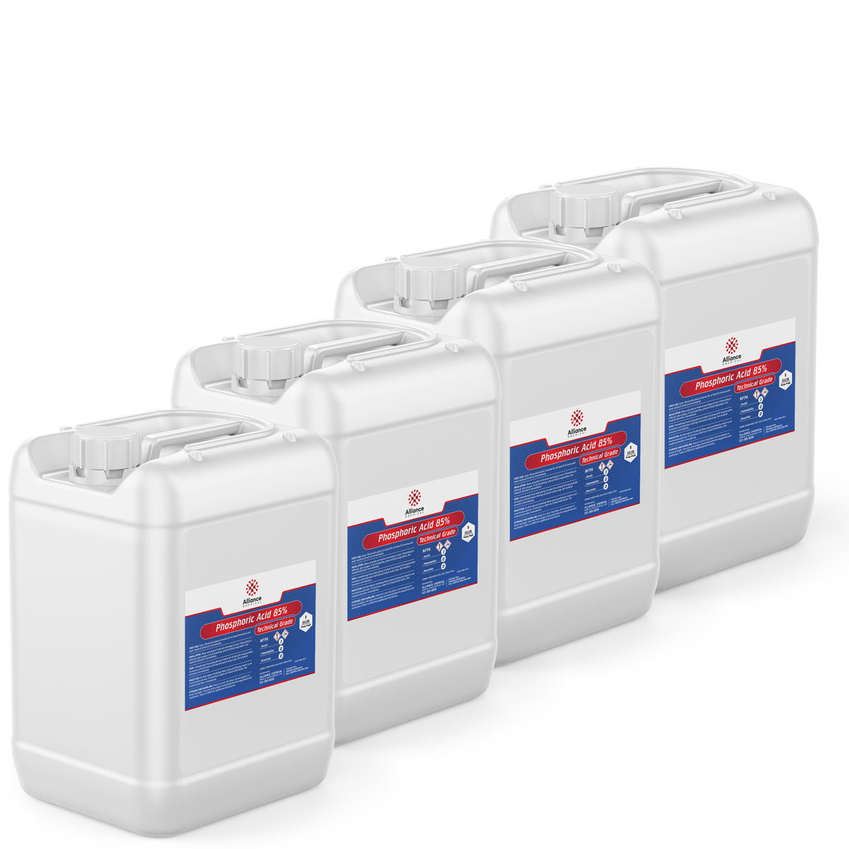 Four Alliance Chemical Phosphoric Acid 85% Technical Grade HDPE jugs with handles, screw top caps, and product labels.