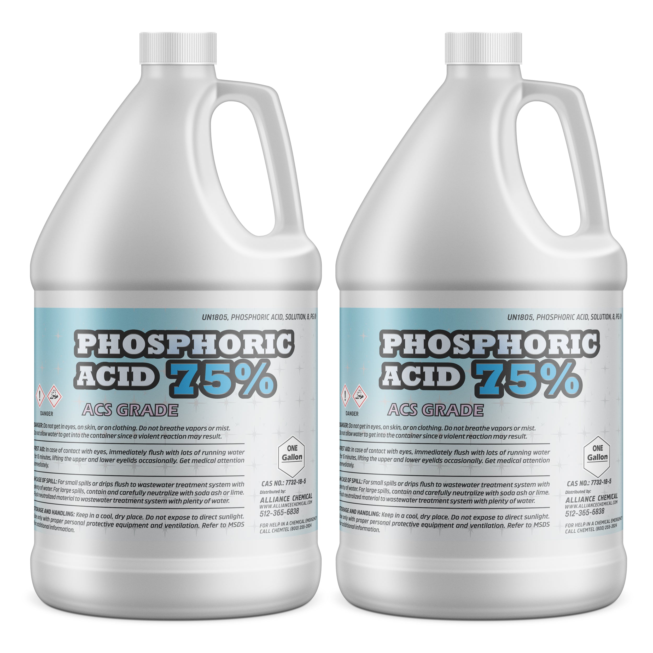 Two 1-gallon HDPE jugs of 75% Phosphoric Acid (ACS Grade) with hazard warnings, blue-white labels, and child-resistant caps by Alliance Chemical.