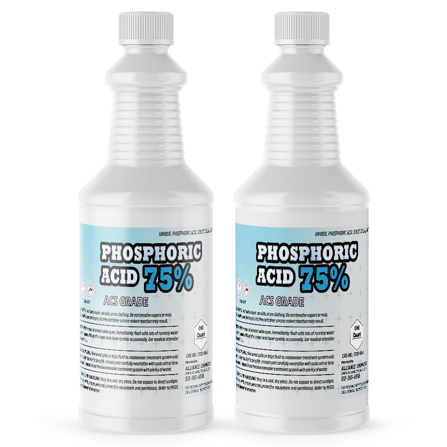 2-quart bottles of 75% Phosphoric Acid ACS Grade in white HDPE containers with corrosive warning symbols, blue labels and ribbed safety caps.