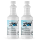 Two 1-quart plastic bottles of Alliance Chemical Phosphoric Acid 75% ACS Grade with white screw caps and product labels.