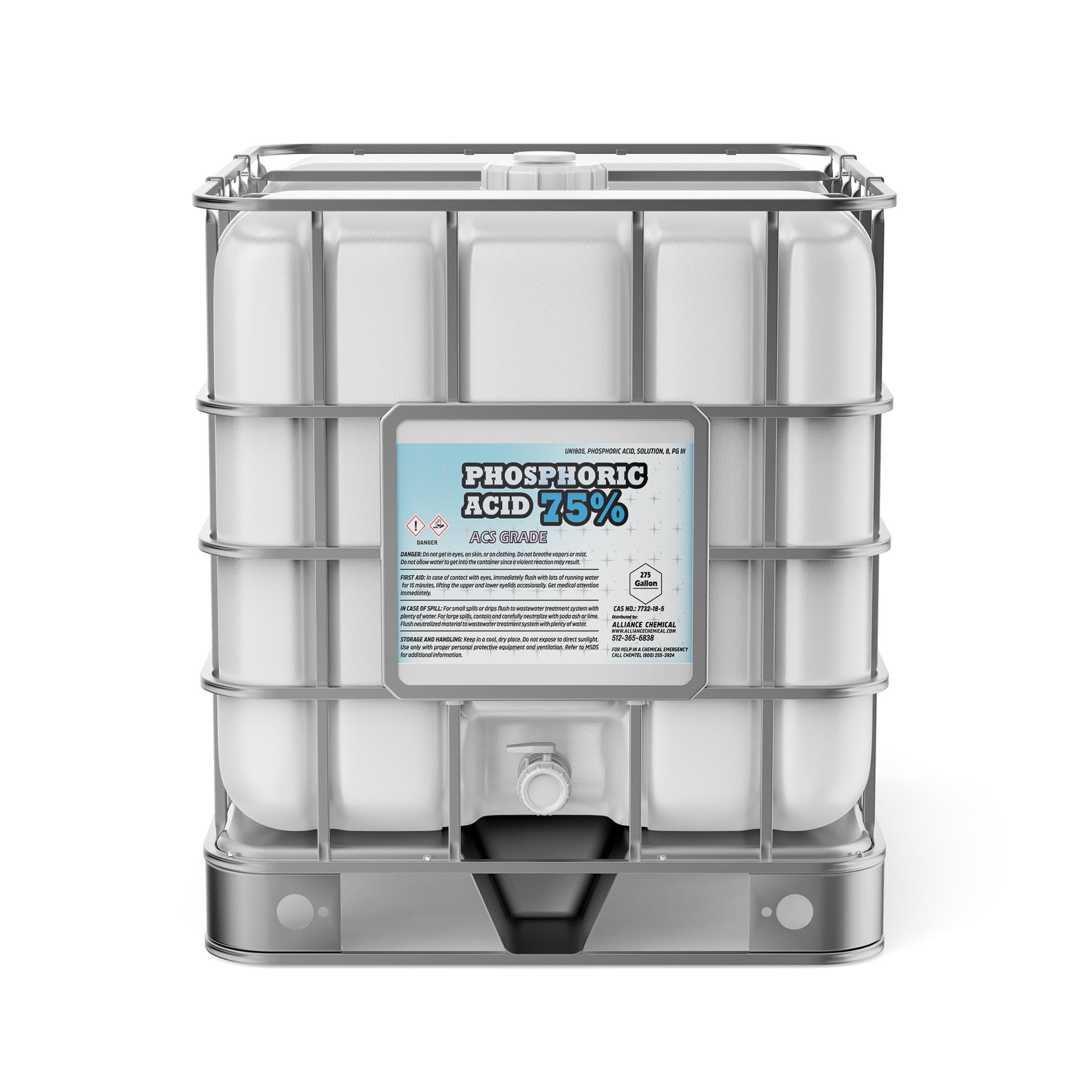 275-gallon IBC tote of 75% Phosphoric Acid ACS Grade with hazard warning label, industrial-grade storage container, metal cage, spigot valve.
