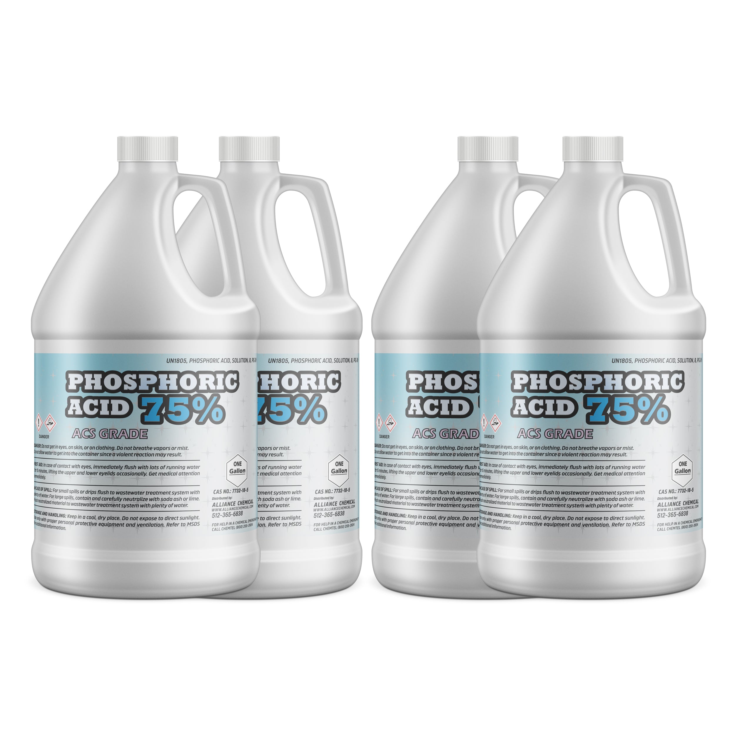 4x1-gallon HDPE jugs of 75% Phosphoric Acid ACS Grade with hazard warnings, blue-labeled industrial containers, UNIBOS certified, corrosive chemical.