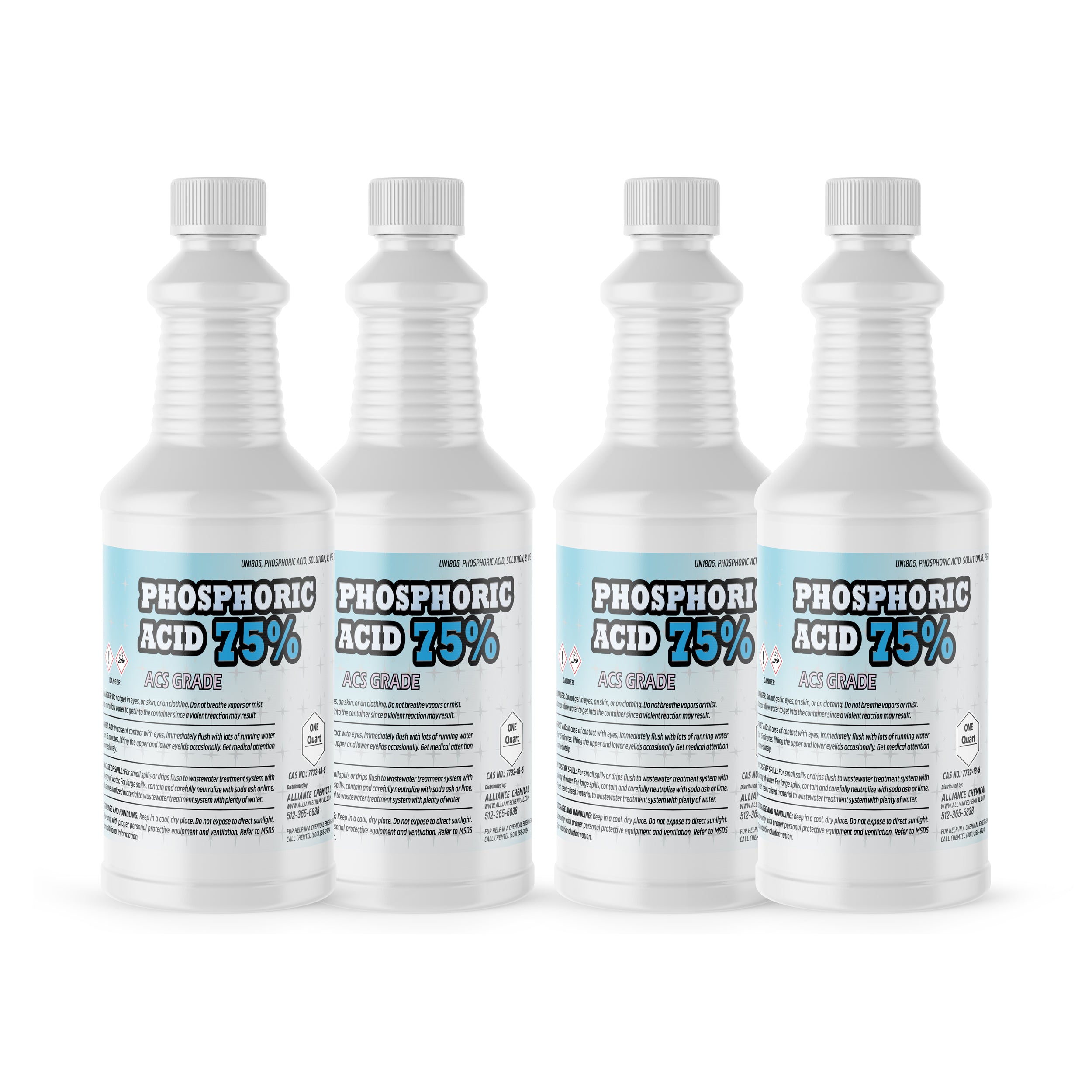 4x1-quart bottles of 75% Phosphoric Acid ACS Grade in white HDPE containers with ribbed design, hazard warnings, and child-resistant caps.