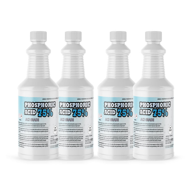 Four 1-quart plastic bottles of Alliance Chemical Phosphoric Acid 75 ACS Grade with white caps and product labels.