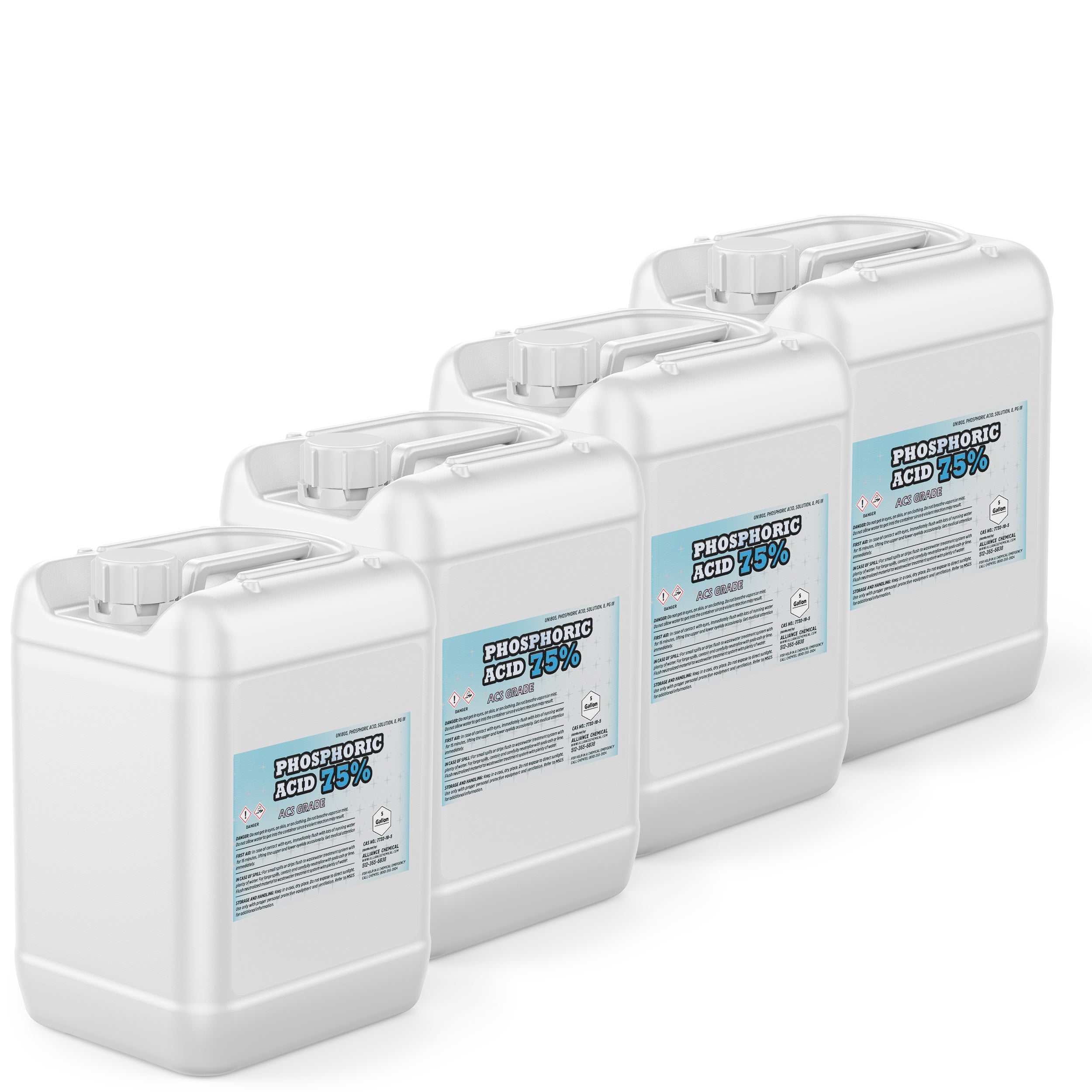4x5-gallon HDPE containers of 75% ACS-grade Phosphoric Acid in white jugs with blue labels, hazard warnings and chemical safety information.