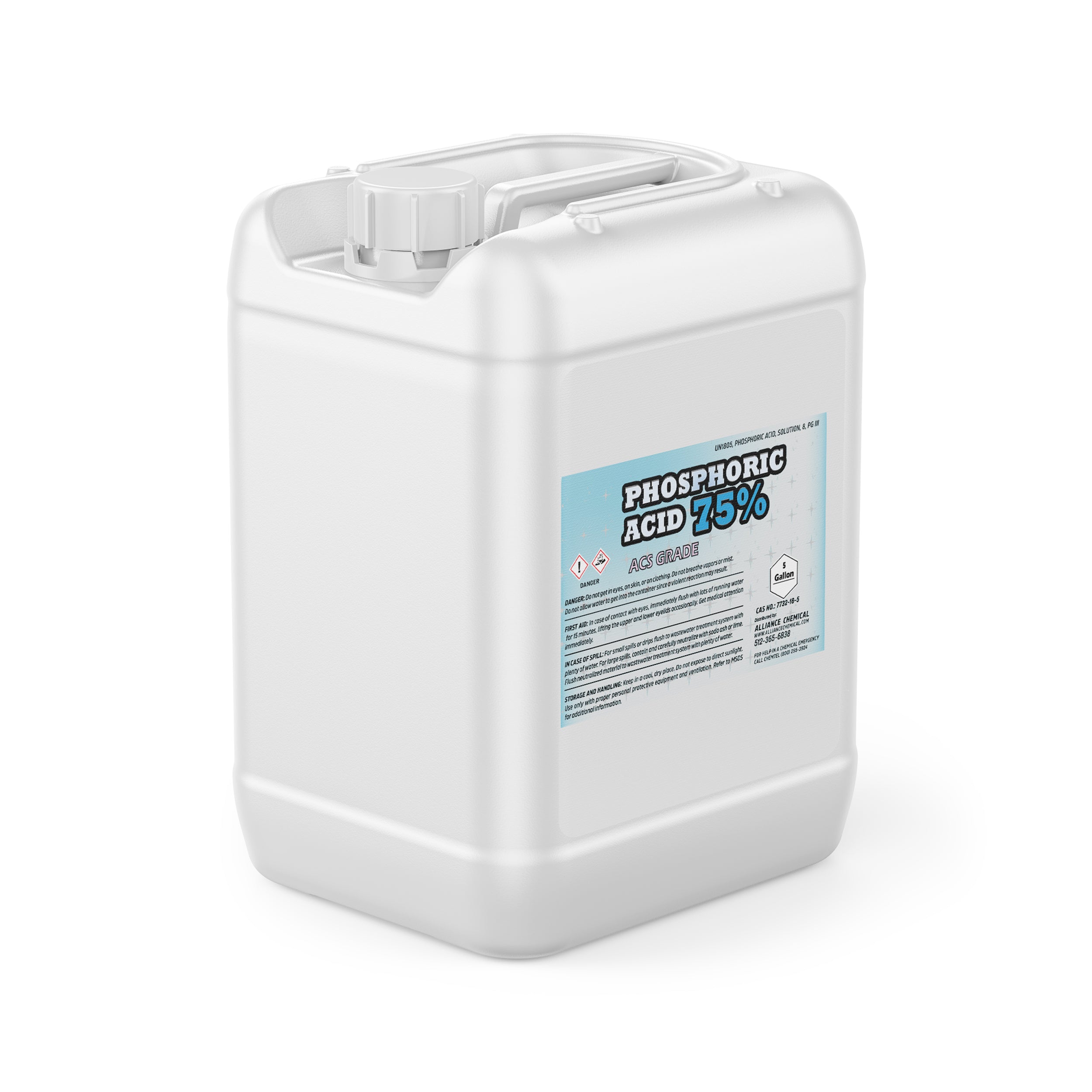 5-gallon white HDPE container of 75% Phosphoric Acid ACS Grade with blue safety label, UN hazard symbols, and secure screw-top closure.