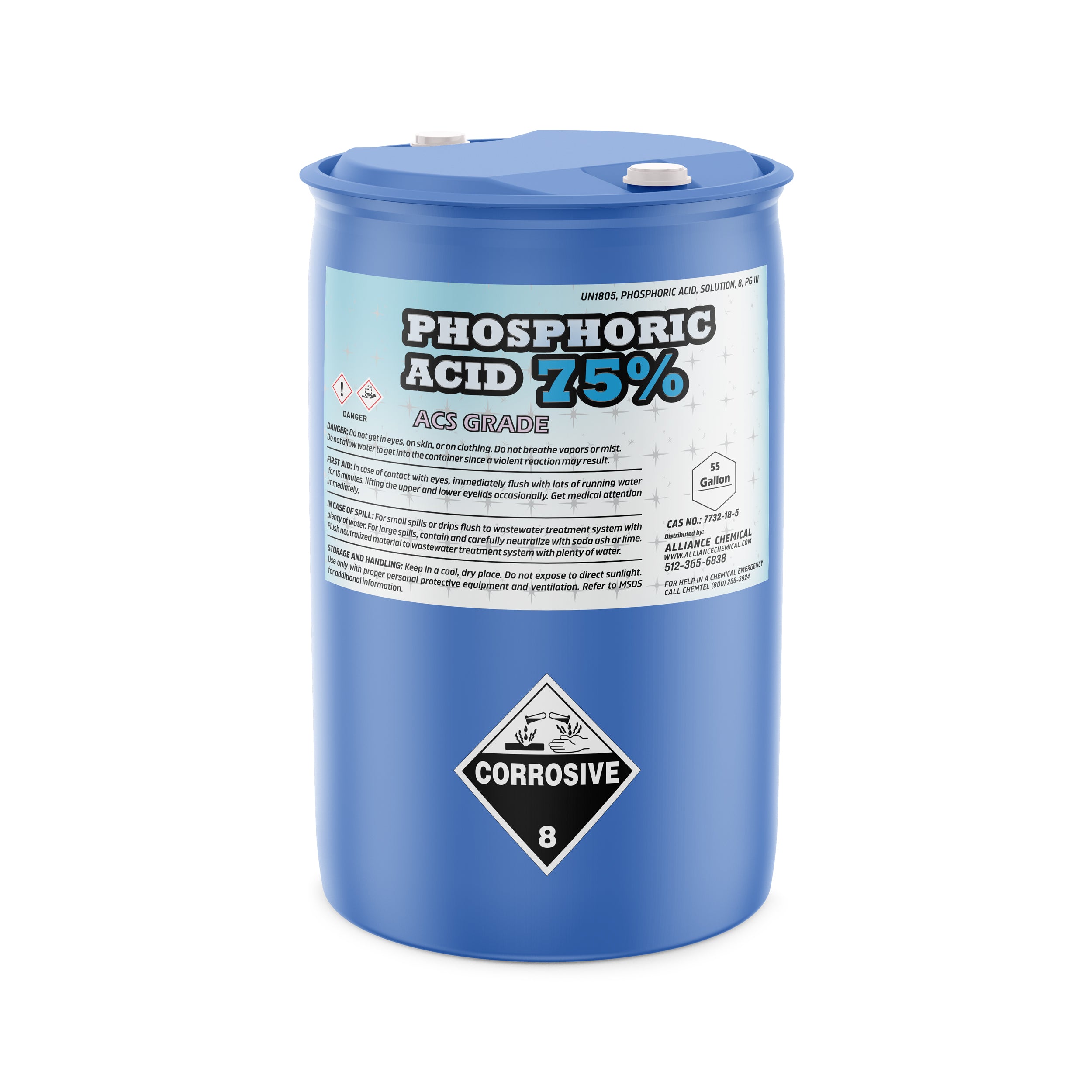 55-gallon blue polyethylene drum of 75% Phosphoric Acid ACS Grade with corrosive warning symbol, safety data label, and dual-port sealed lid.