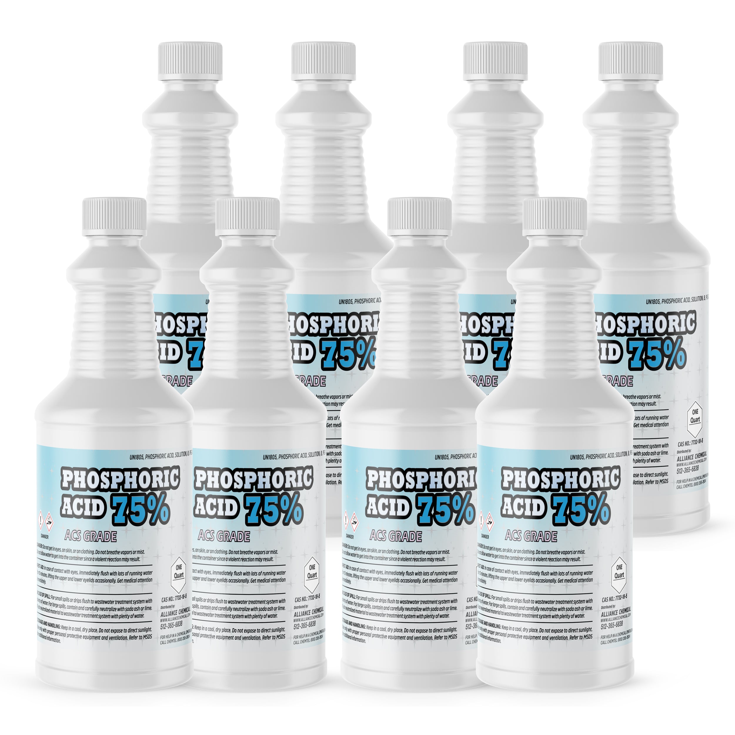 8x1-quart bottles of 75% Phosphoric Acid ACS Grade in white HDPE containers with ribbed design and safety-sealed caps, chemical warning labels.
