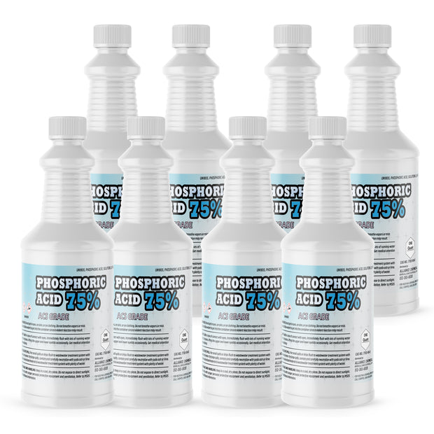 Seven 1-quart plastic bottles of Alliance Chemical Phosphoric Acid 75% ACS Grade with white screw caps and product labels