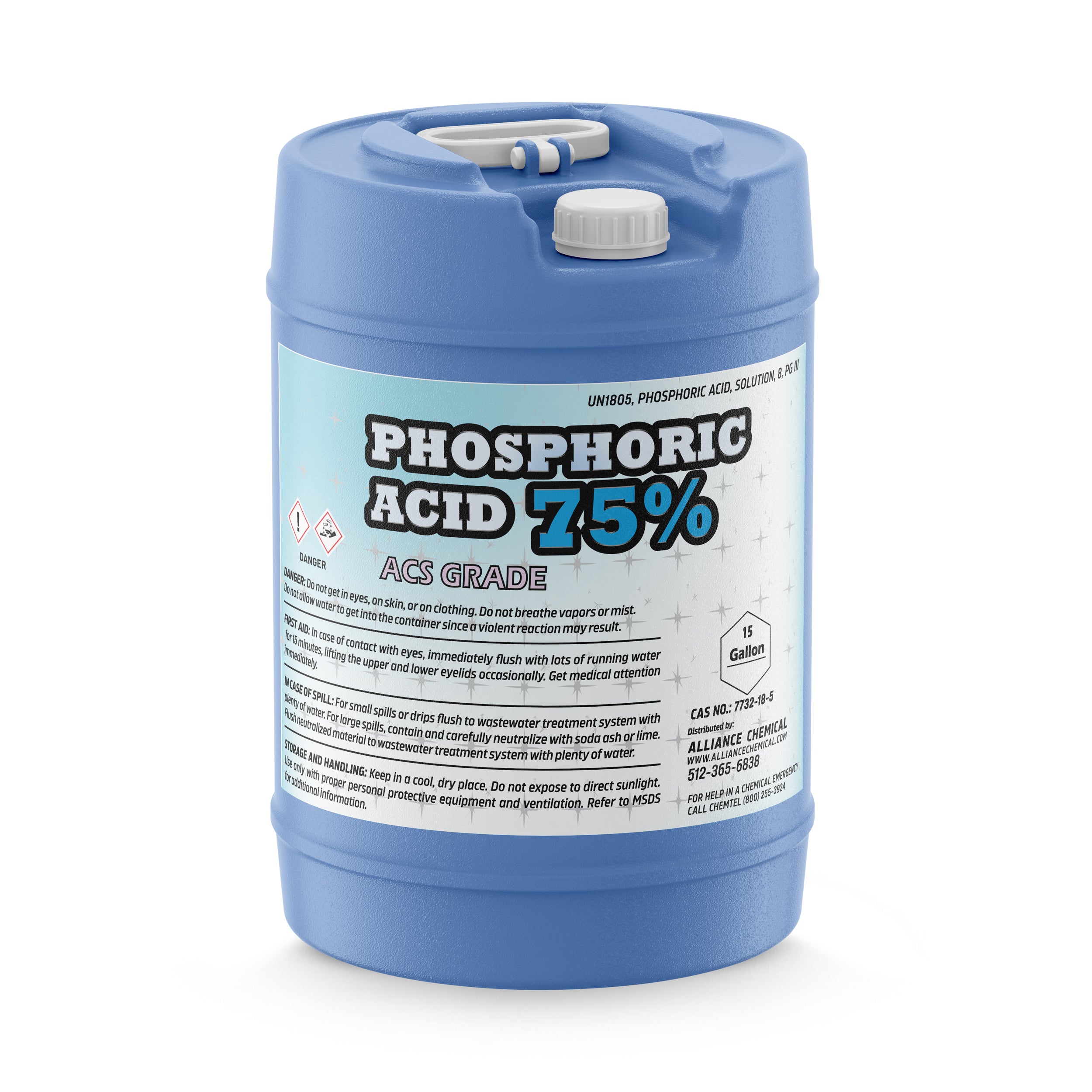 15-gallon blue polyethylene carboy of 75% Phosphoric Acid ACS Grade with hazard warning symbols, safety instructions, and white screw cap.