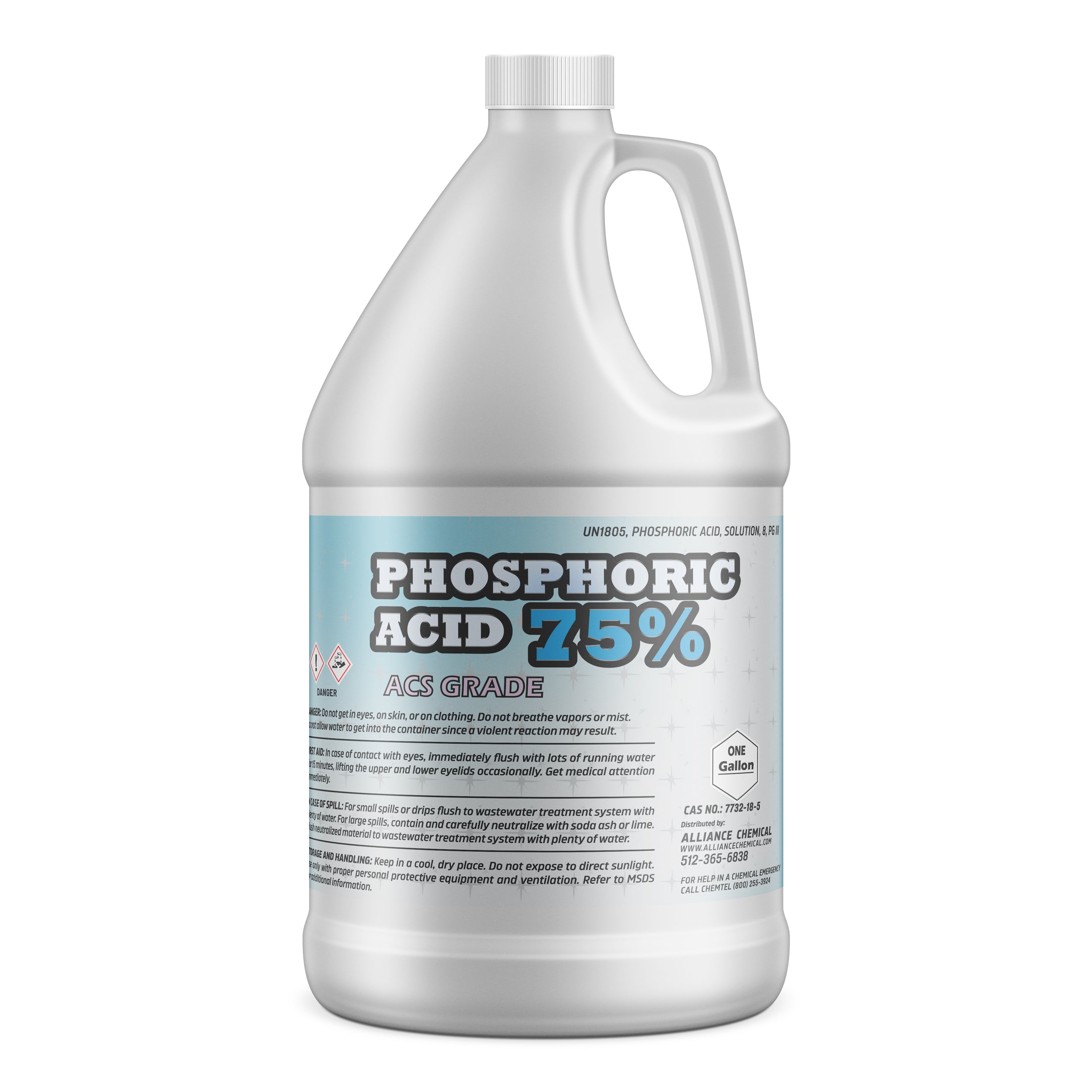 One-gallon white HDPE container of 75% Phosphoric Acid ACS Grade with hazard symbols, safety instructions, and industrial chemical specifications.