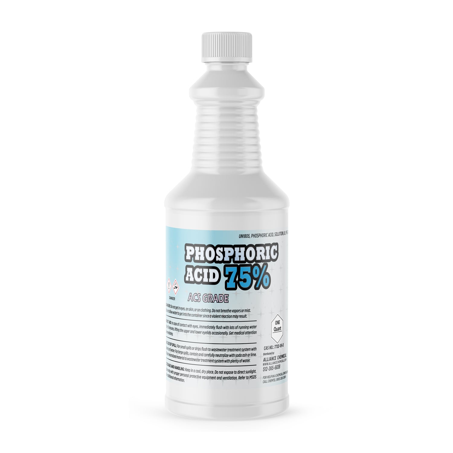 One quart phosphoric acid 75% ACS grade in white HDPE bottle with ribbed design, safety warnings, and chemical handling instructions on blue-tinted label.