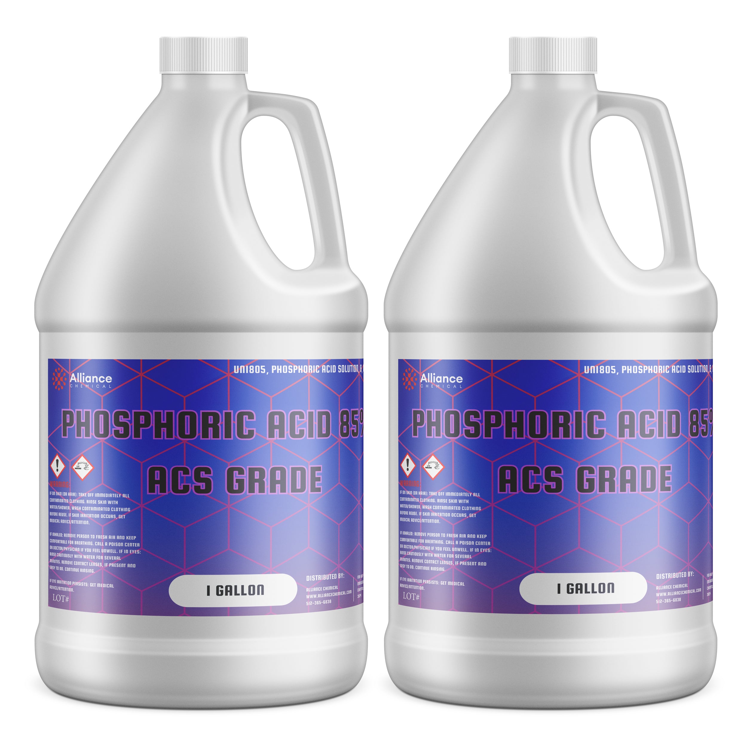 1-gallon HDPE jugs of Alliance Chemical Phosphoric Acid 85% ACS Grade with hazard warning symbols, blue geometric label design, white containers with safety caps.